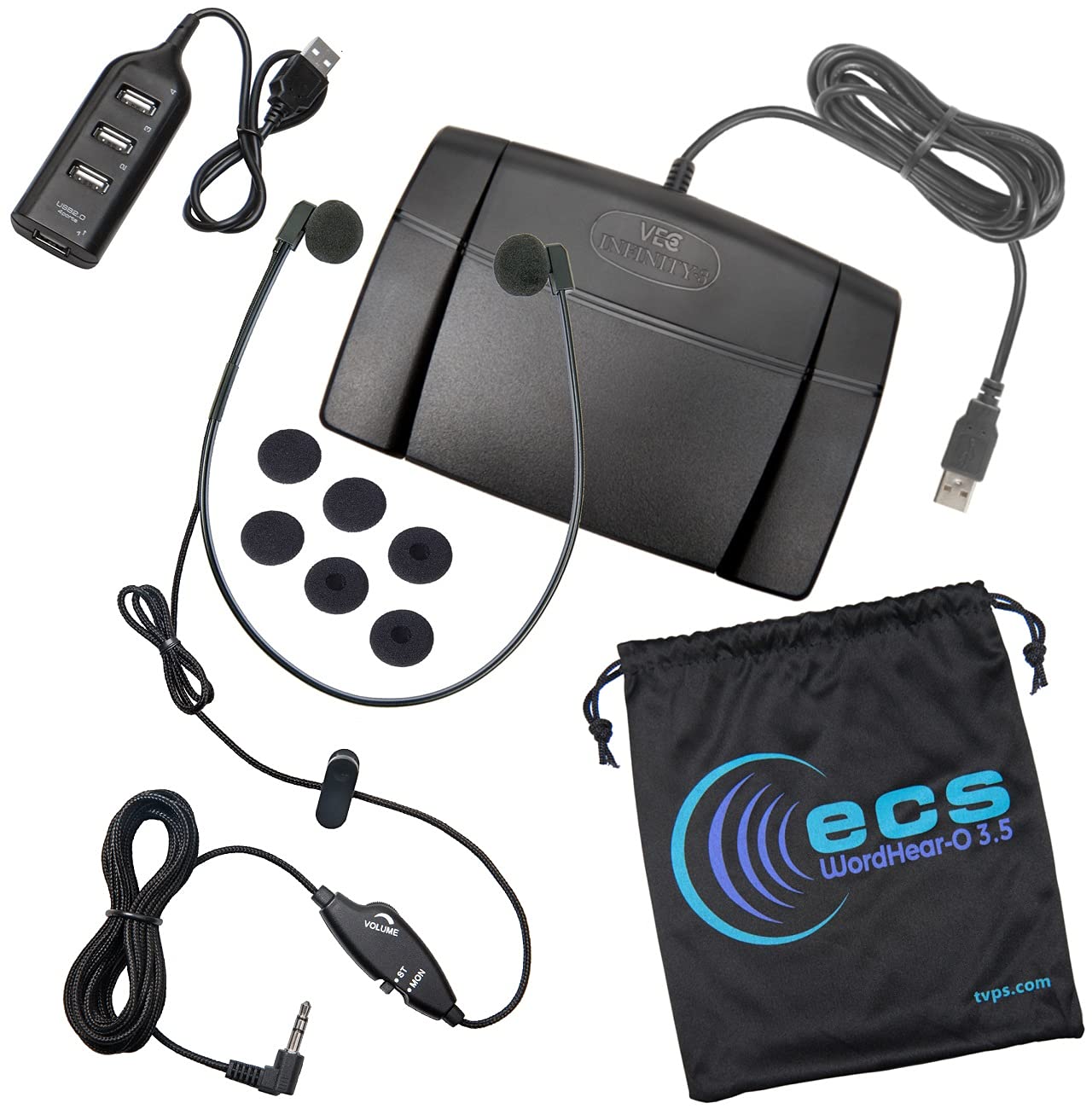 Ecs 3.5 Mm Stereo And Mono Audio Transcription Headset With Infinity 3 Usb Foot Pedal   Includes Usb Hub And Ear Cushions