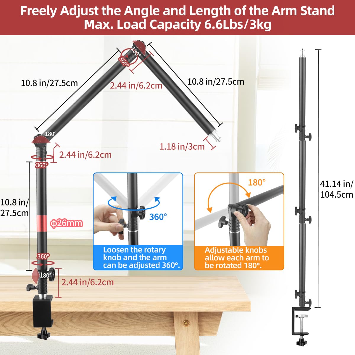 Hemmotop Overhead Camera Mount, Camera Arm Desk Mount Max. Load 6.6 Lbs, Flexible Adjustable Webcam Stand For Desk Max. Height 4