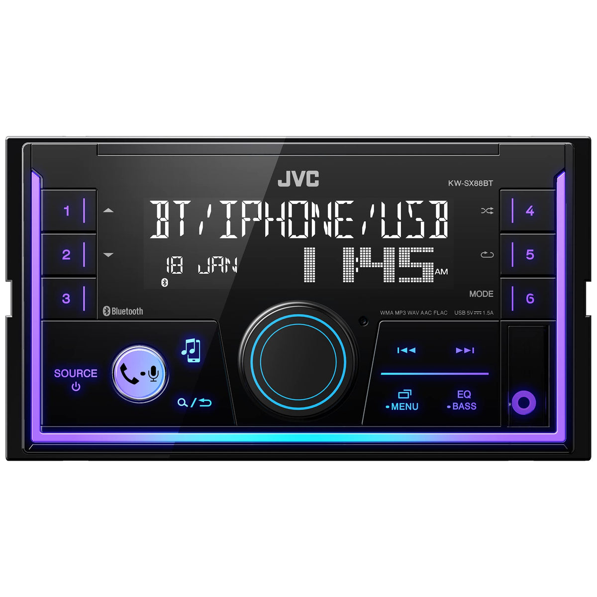 Jvc Kw Sx88Bt Bluetooth Double Din Digital Media Car Stereo With Shallow Chassis, Variable Color Dsplay, Front Usb And Aux, Powe