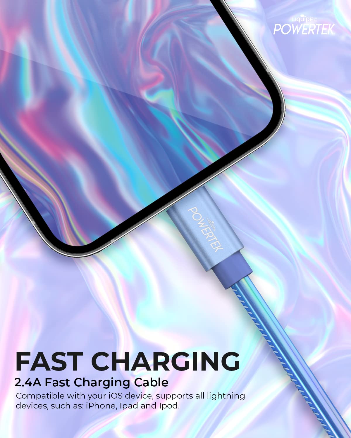 Liquipel Powertek Iphone Charger Cable, 6 Ft Fast Charging Lightning To Usb Cord Adapter, Compatible For Ipad, Mfi Certified, Metallic Shine (Light Blue)