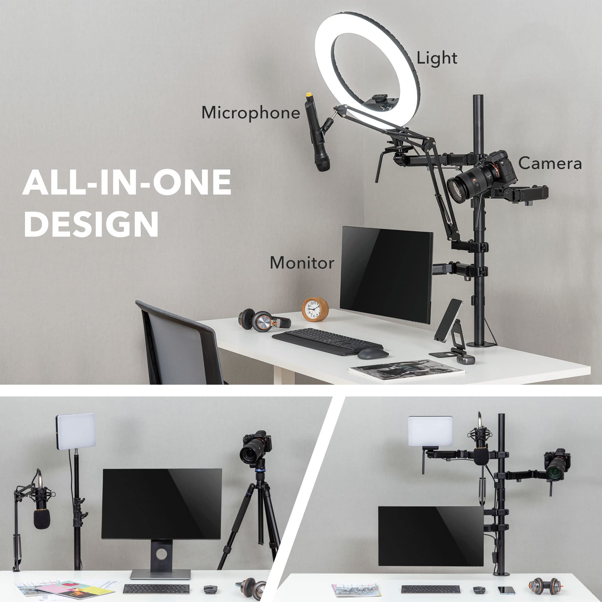 Mount It! All In One Live Streaming Equipment | 4 Arm Desk Mount That Holds Monitor, Cameras And Ring Light With Mic Desktop Sta