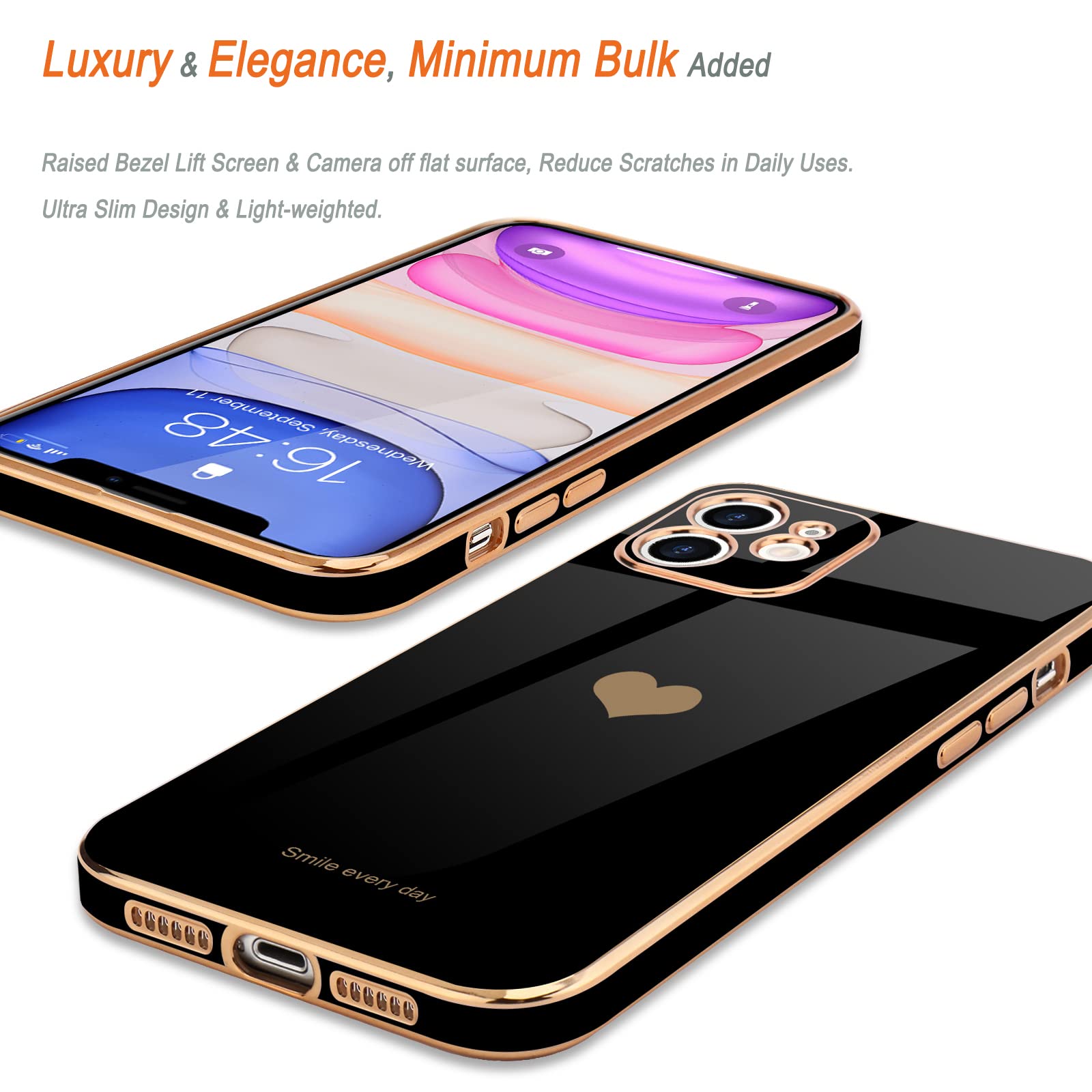 Teageo Compatible With Iphone 11 Case For Women Girl Cute Love Heart Luxury Bling Plating Soft Back Cover Raised Full Camera Pro
