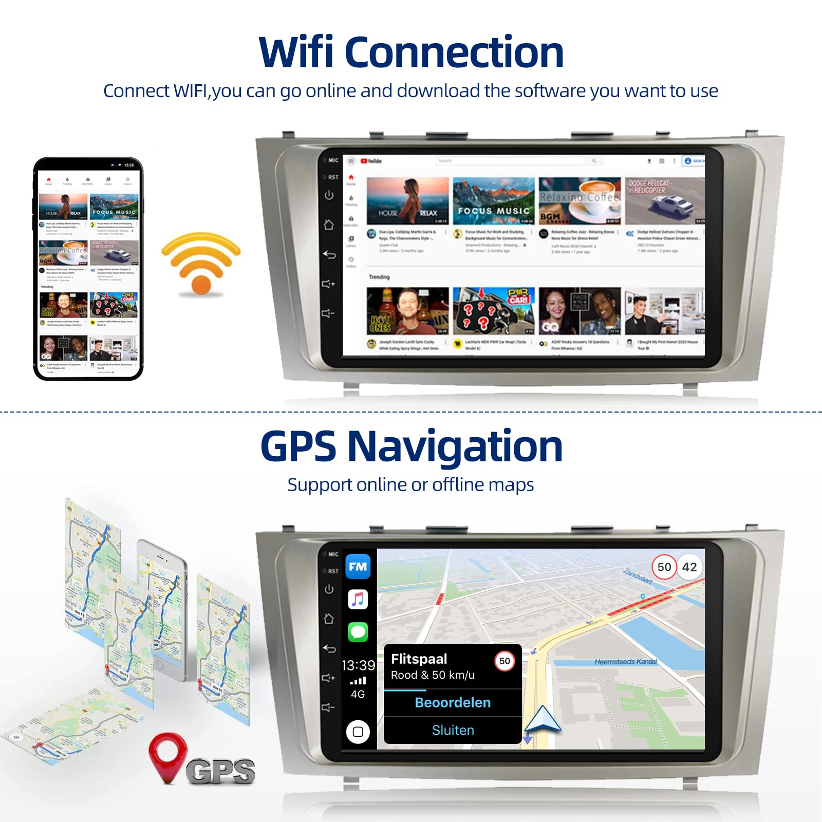 2+32G Android 13 Car Stereo For Toyota Camry 2006 2007 2008 2009 2010 2011, 9 Inch Hd Touchscreen Radio, Wireless Carplay Android Auto Gps Wifi Bluetooth Fm/Rds Swc Dual Usb Hd Backup Camera