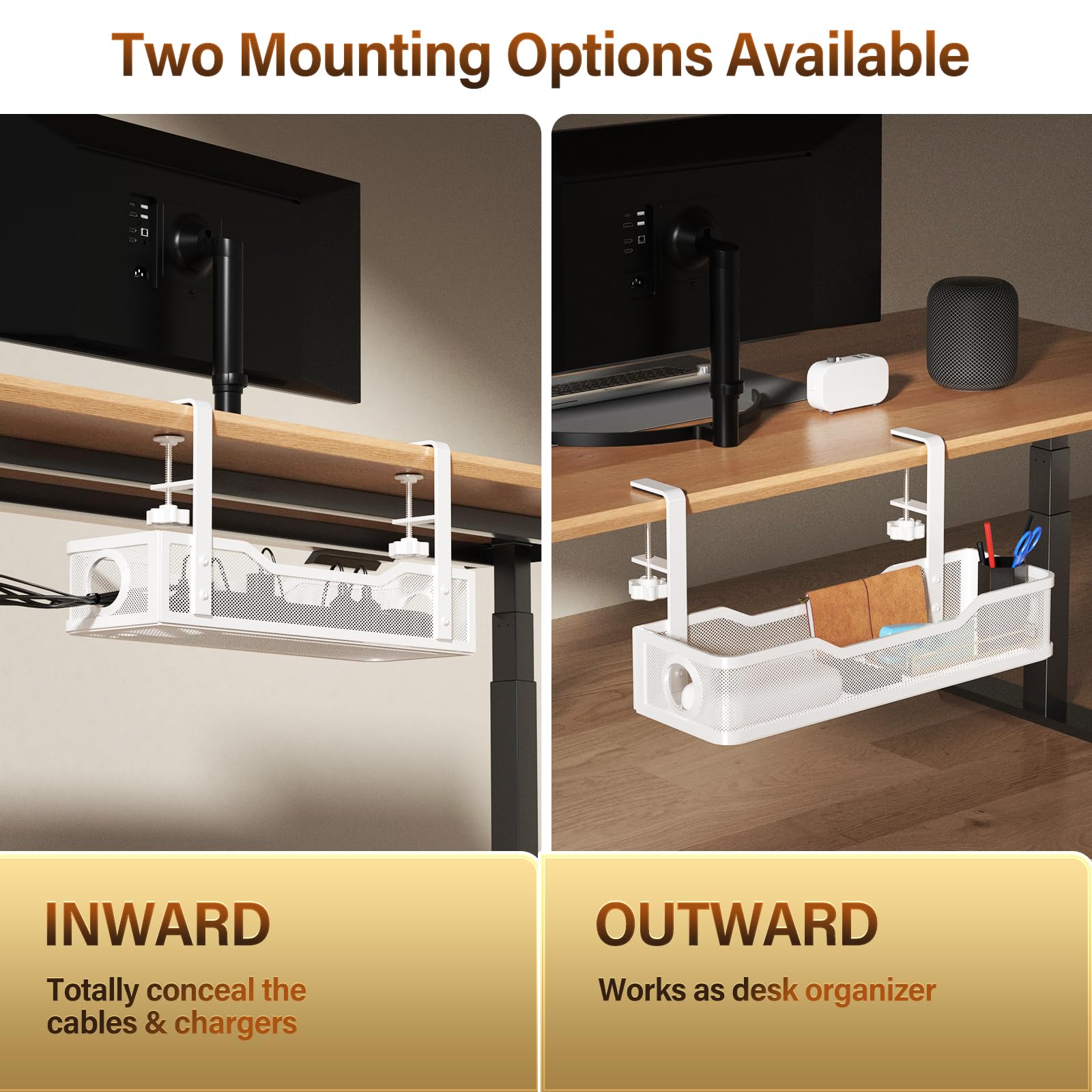 [Upgraded] 2 Pack Under Desk Cable Management Tray, Cinati Cord Organizers For Table Thickness Up To 3'', 16'' Wire Organization