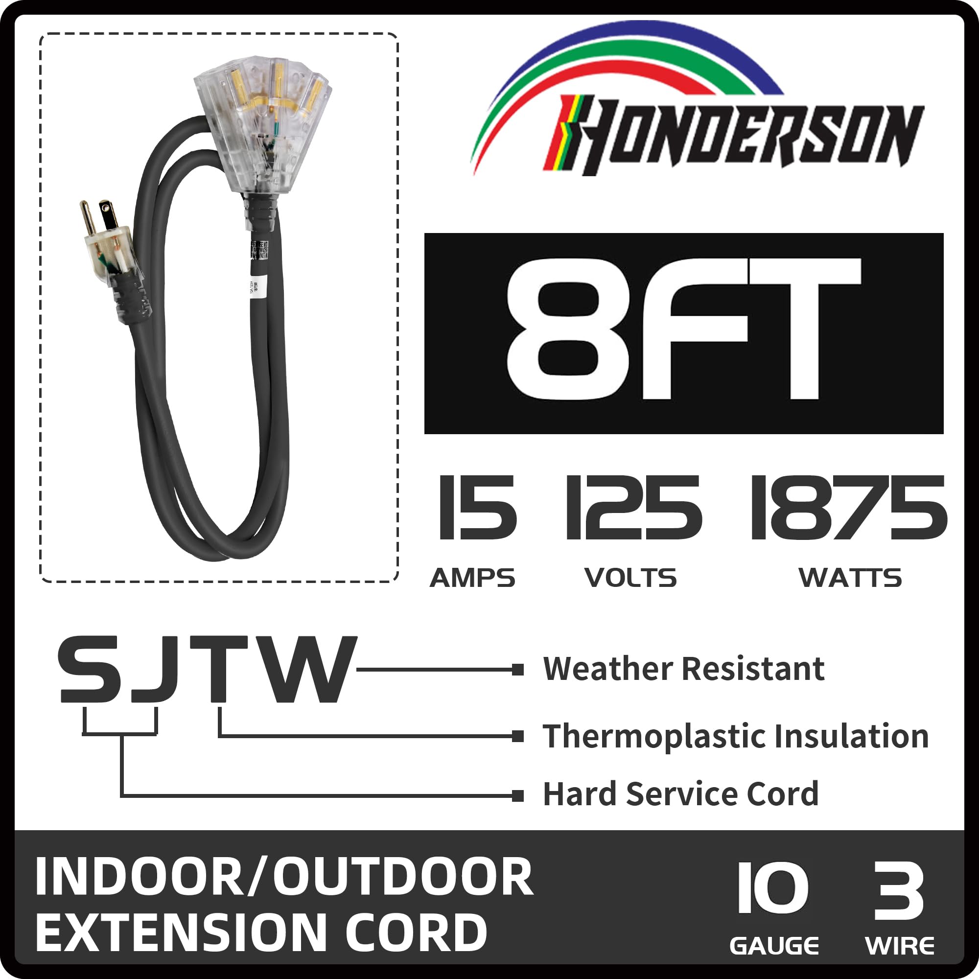 Honderson 3 Outlets Indoor Outdoor Extension Cord Weatherproof With Lighted End, Ul Listed, 10 Gauge 8Ft Black 3 Prong Heavy Dut