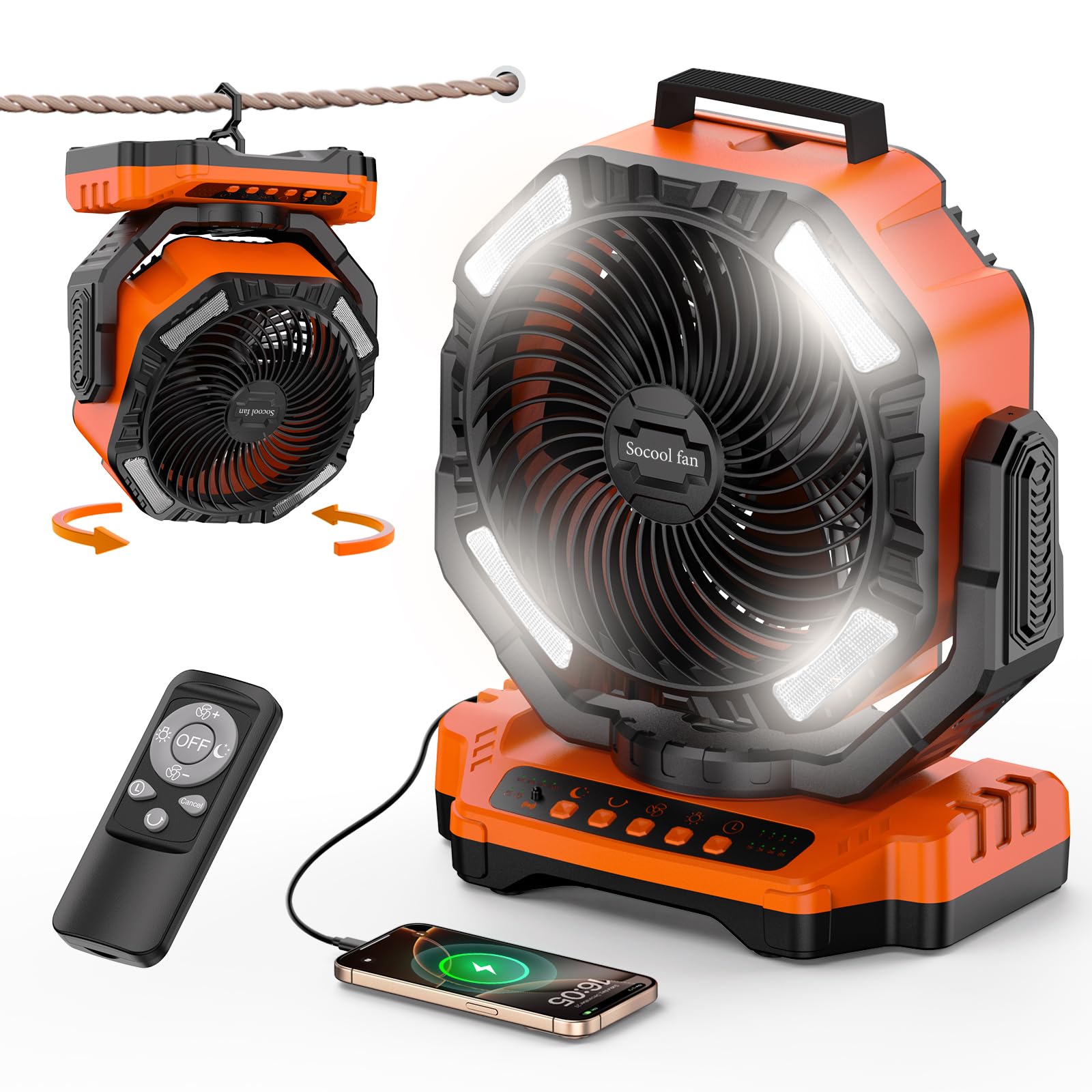 Socool 40000mAh Camping Fan Rechargeable, Battery Operated Portable Outdoor Fan Remote, 136Hrs & 4-Speed Cordless Oscillating, T