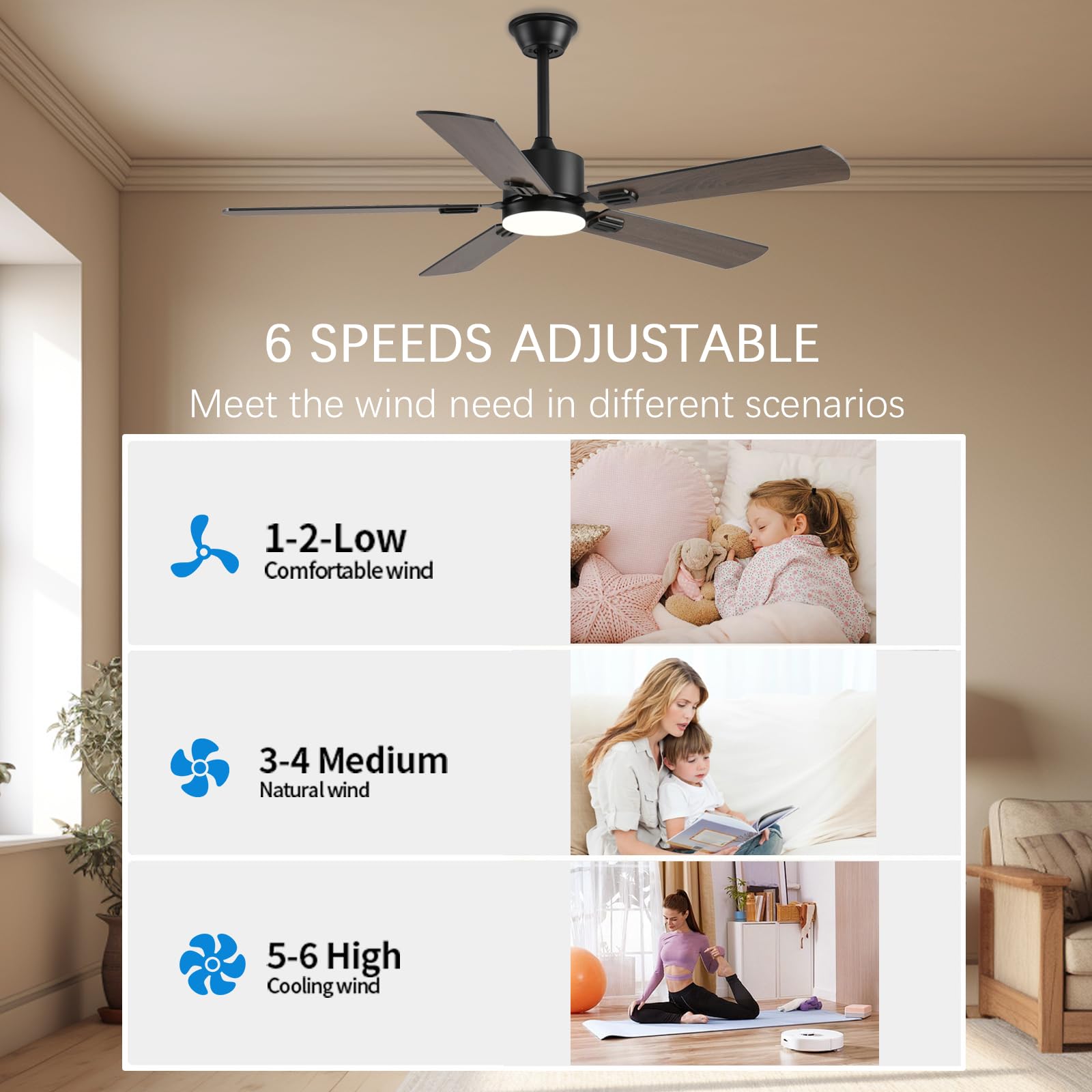 56Inch Ceiling Fans With Lights And Remote/App Control, Dc Reversible Motor, Noiseless, Dimmable, Low Profile Modern Ceiling Fan