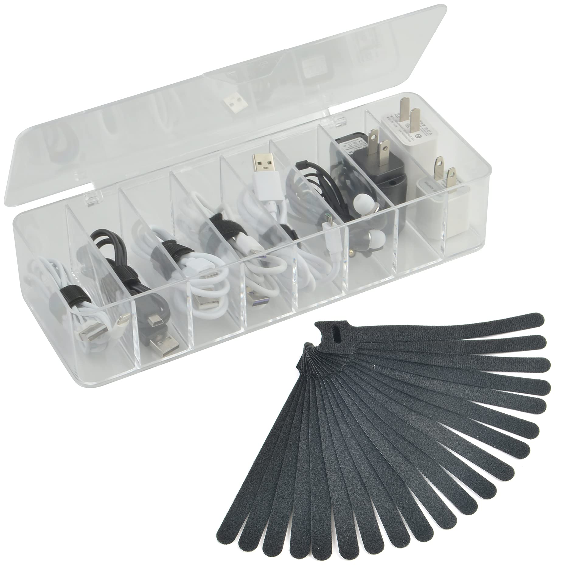 Electronics Organizer 8 Sections Clear Acrylic Cable Storage Bin Box Cord Holder With 20 Pcs Reusable Fastening Fabric Cable Tie