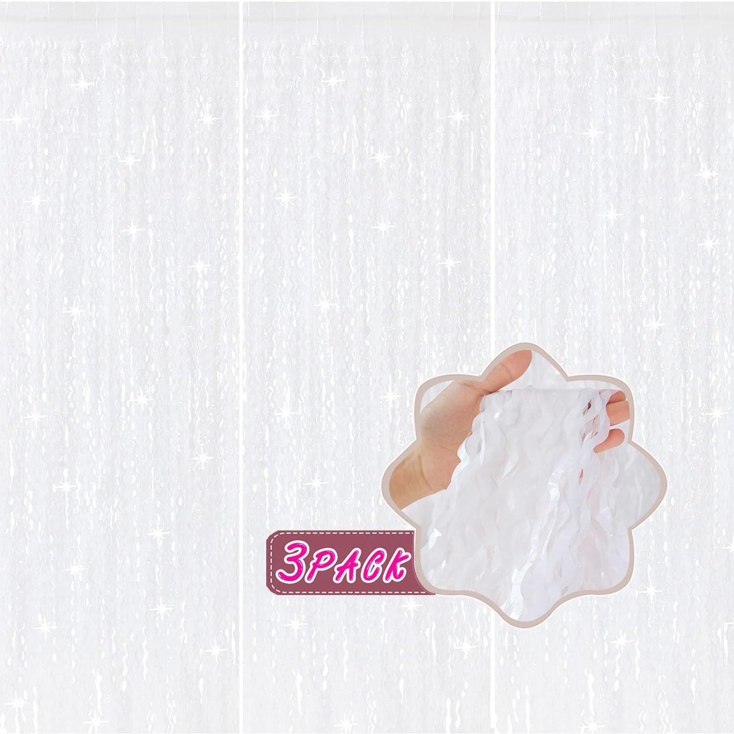3Pcs Wavy White Metallic Tinsel Curtain Foil Fringe Backdrop,3.3 Ft X 6.6 Ft Streamer Photo Booth Props For Party Door Wall Curt