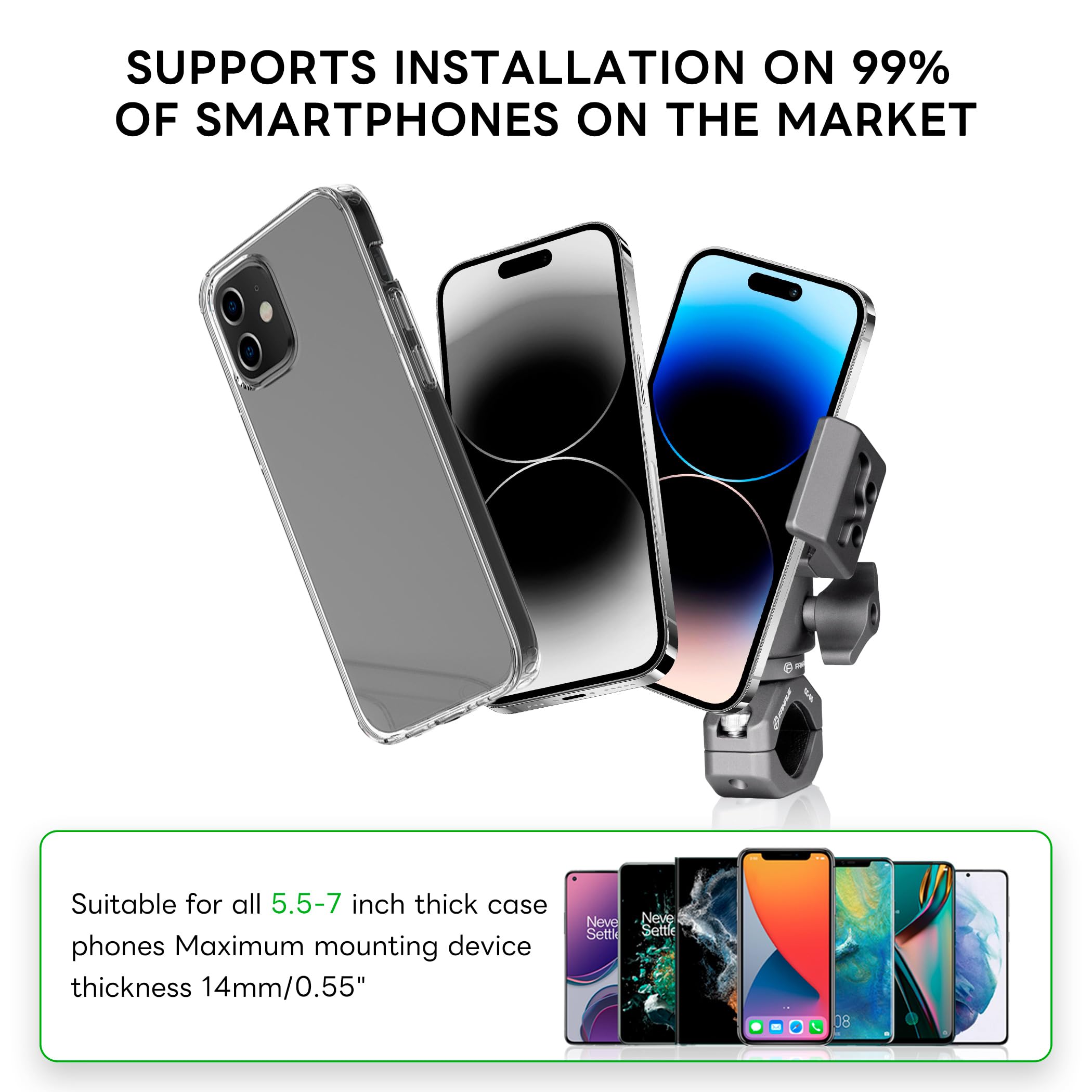 Fanaue Motorcycle Phone Holder With 1'' Ball Head Adapter, Aluminum Bike Scooter Phone Mount Handlebar Cell Phone Clamp Clip Com