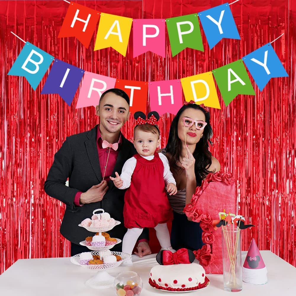 Toniful 3Pcs Red Door Streamers,Red Photo Booth Backdrop Metallic Streamers Red Foil Fringe Curtains For Birthday,Christmas,New