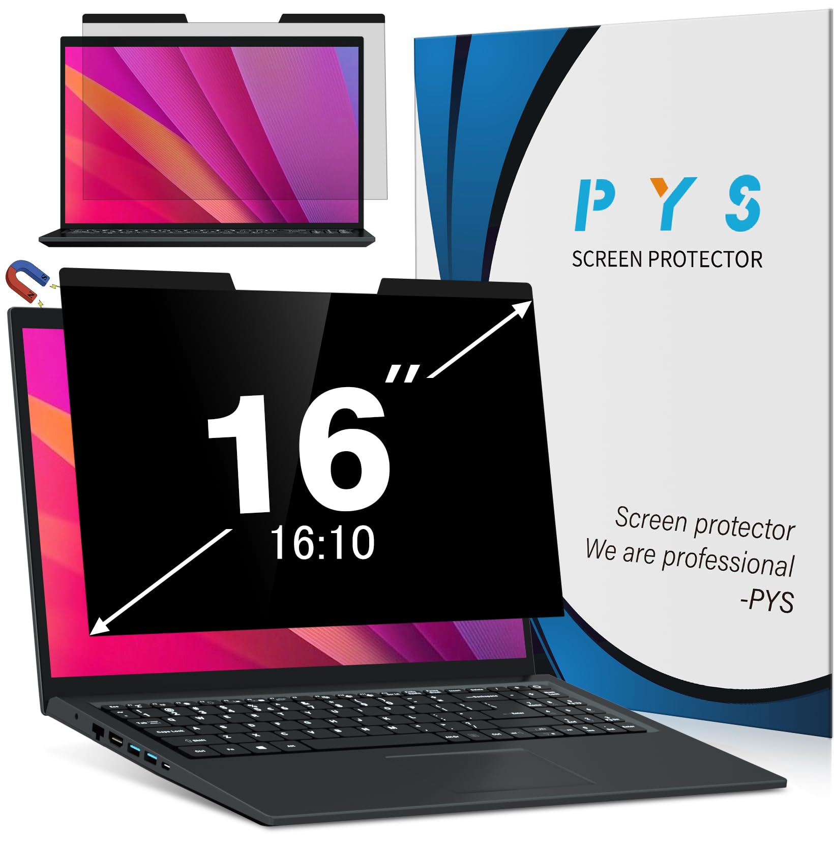 Pys Magnetic Laptop Privacy Screen 16 Inch 16:10 Ratio   Computer Monitor Screen Privacy Shield, Anti Glare Blue Light Filter, D