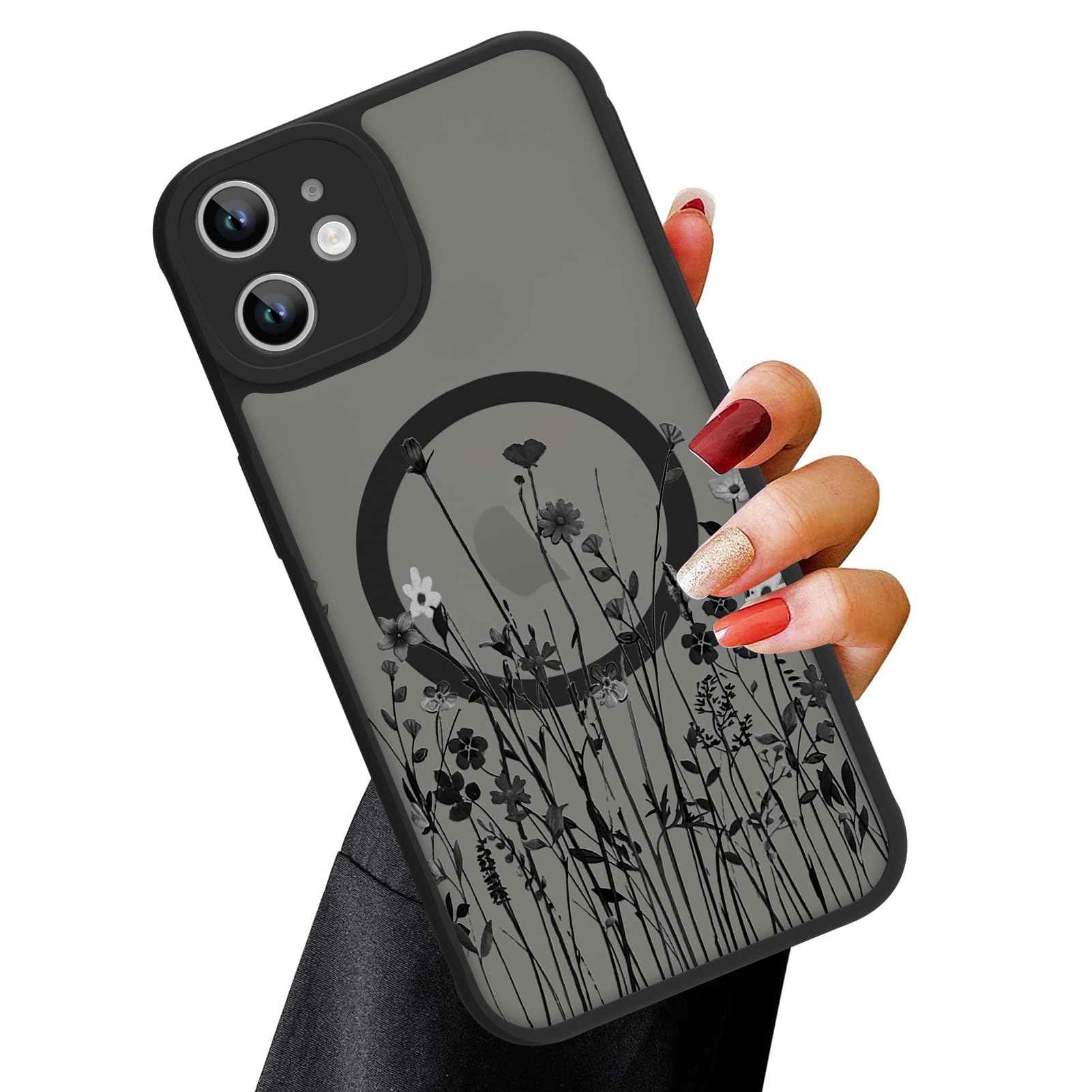 Ook Magnetic For Iphone 12 Case [Compatible With Magsafe] Black Wild Flower Slim Translucent Matte Case For Iphone 12 Case Camer