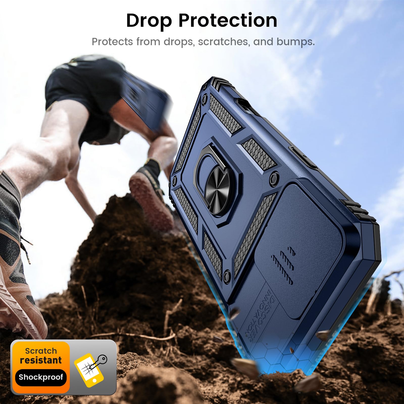 Goton Compatible For Iphone 16 Pro Max Case With Screen Protector   Slide Camera Cover Protective Phone Case With Ring Stand, He