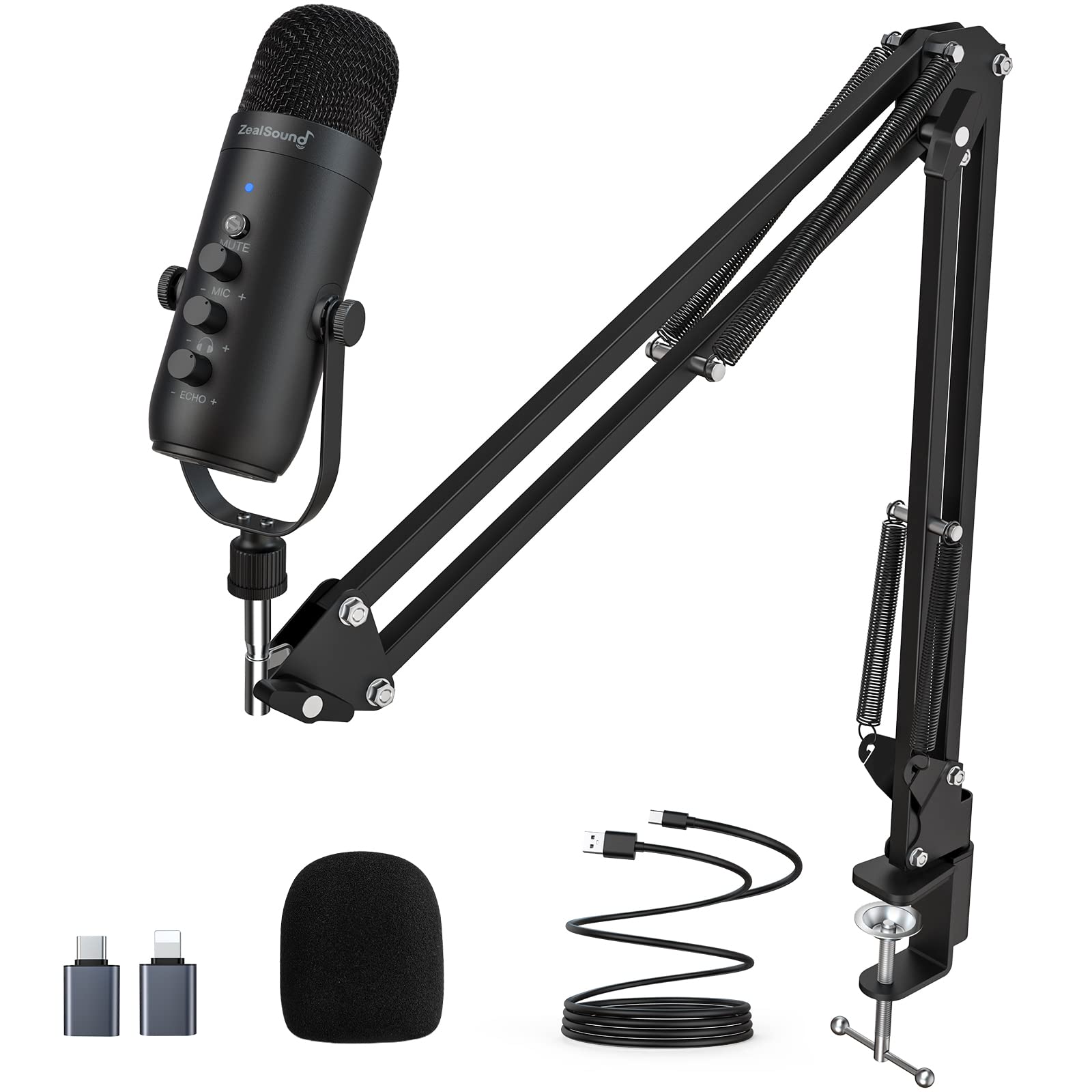 ZealSound Gaming Microphone Kit,Podcast Condenser USB Mic with Boom Arm,Supercardioid Microphone with Mute Button,Echo Volume Ga