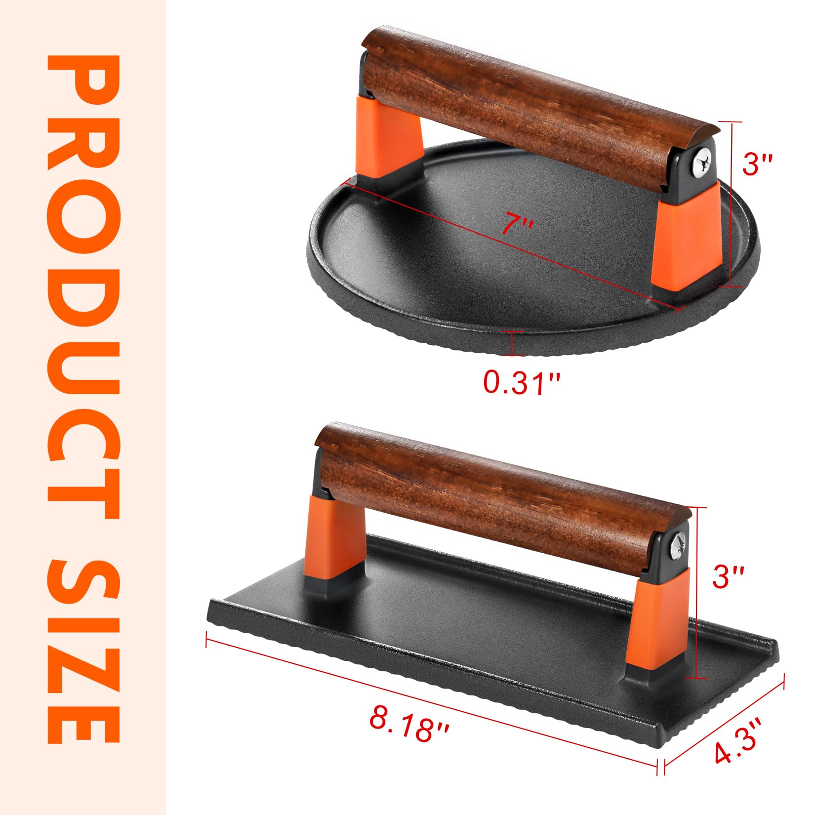 Ggc Cast Iron Burger Press Kit, 7'' Round And 8''X4'' Rectangle Smash Burger Press Set For Grill And Griddle Cooking, 2Pcs Meat