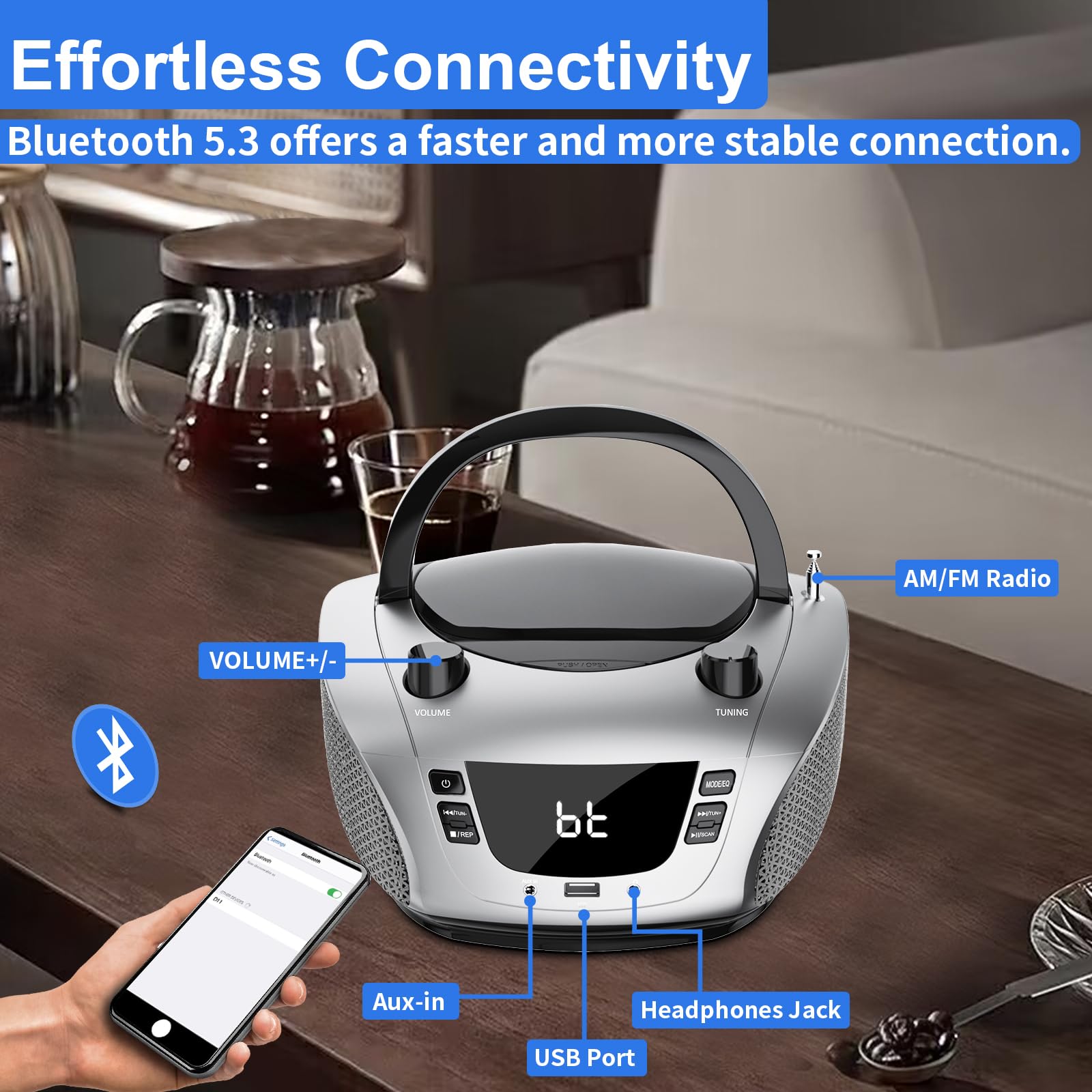 Lonpoo Radios Portable Am Fm, Portable Cd Player Compatible Cd R/Rw/Wma And Mp3, Cd Radio With Bluetooth 5.3, Boombox Cd Player With Speakers, Usb Player, Ac/Battery Powered Cd Players For Home