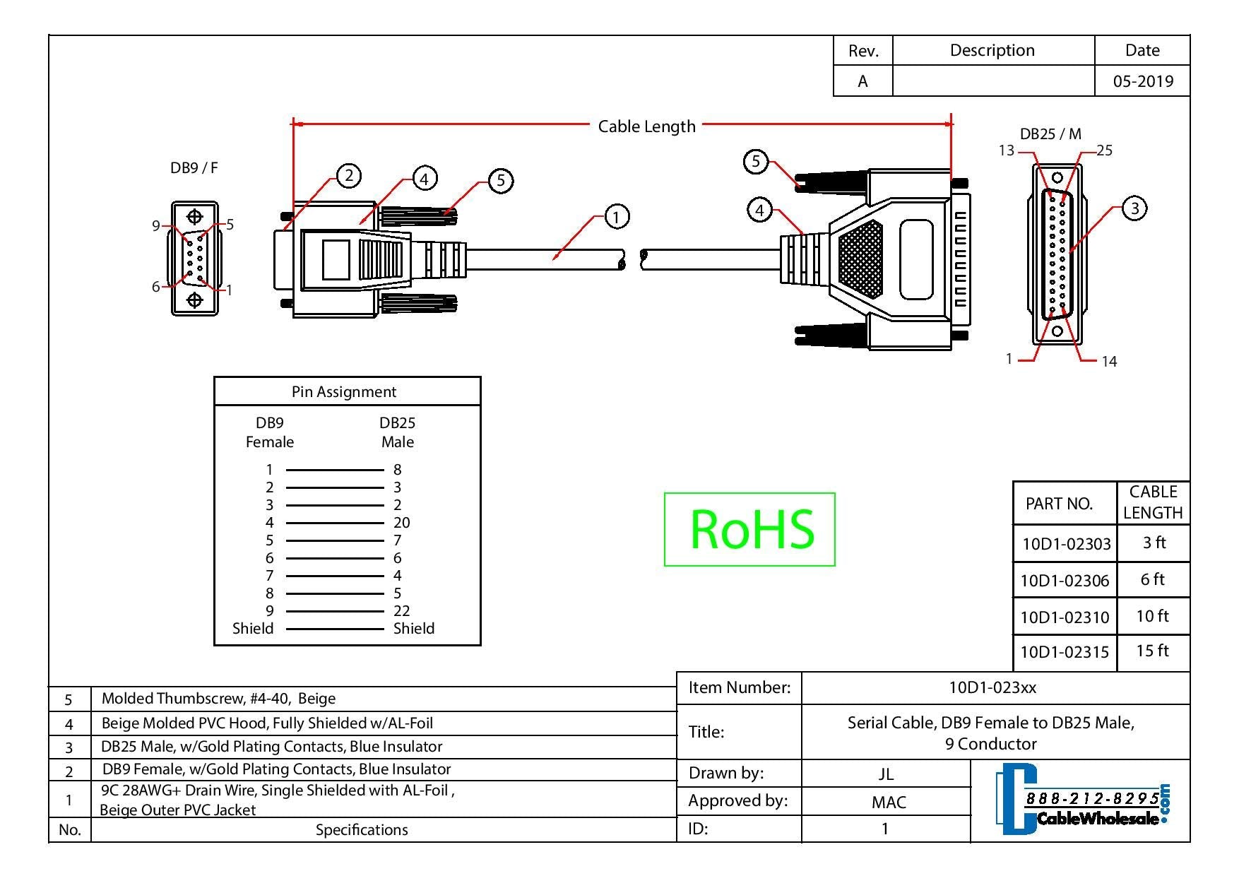 Cablewholesale 10 Feet Serial Cable, Db9 Female To Db25 Male, 28 Awg, 9 Conductor, Beige, Rs 232 For Printer, Modems, Networks,