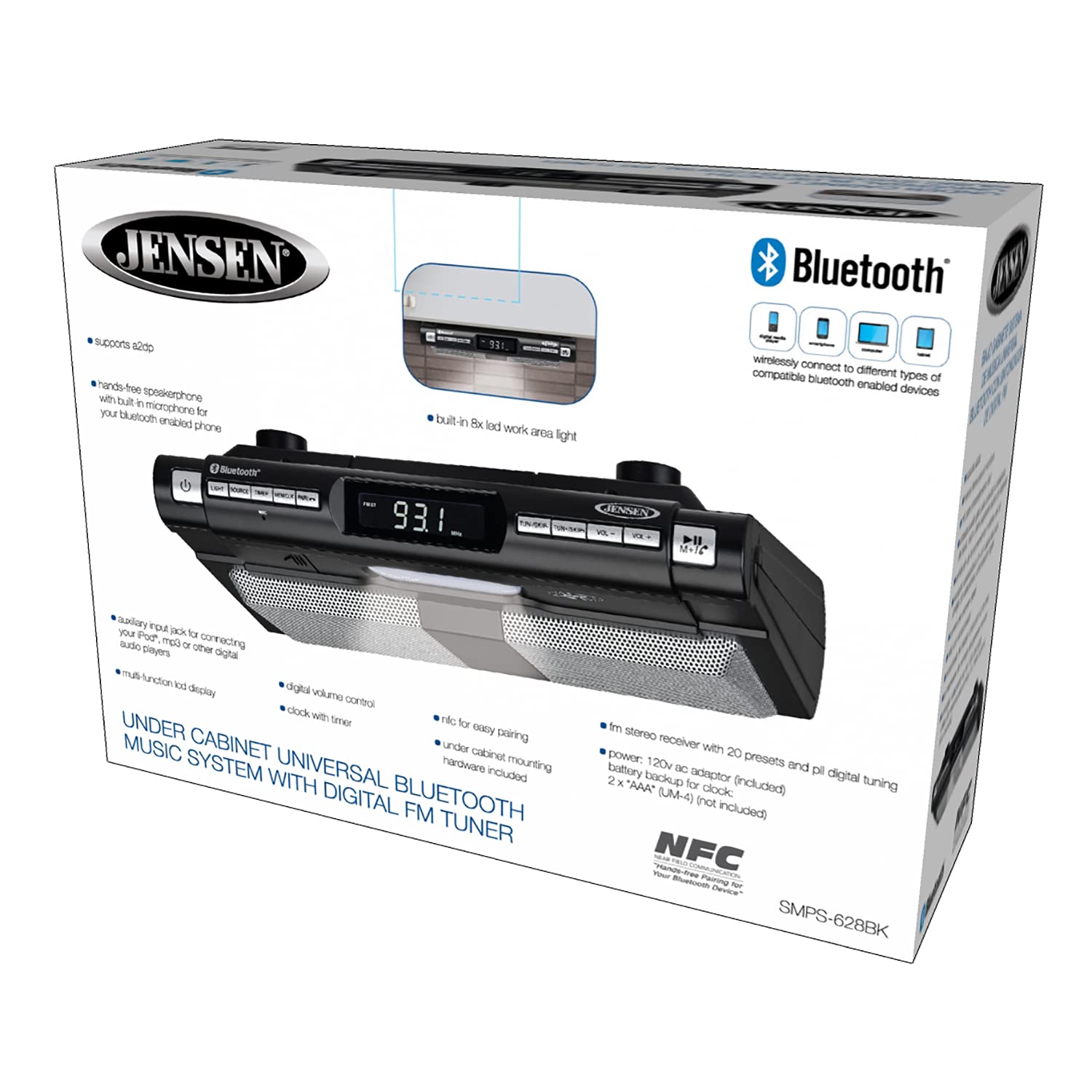 Jensen Modern Wireless Under Cabinet Kitchen Universal Bluetooth Music System, Fm Radio, Clock Lcd Digital Display, Built In Han