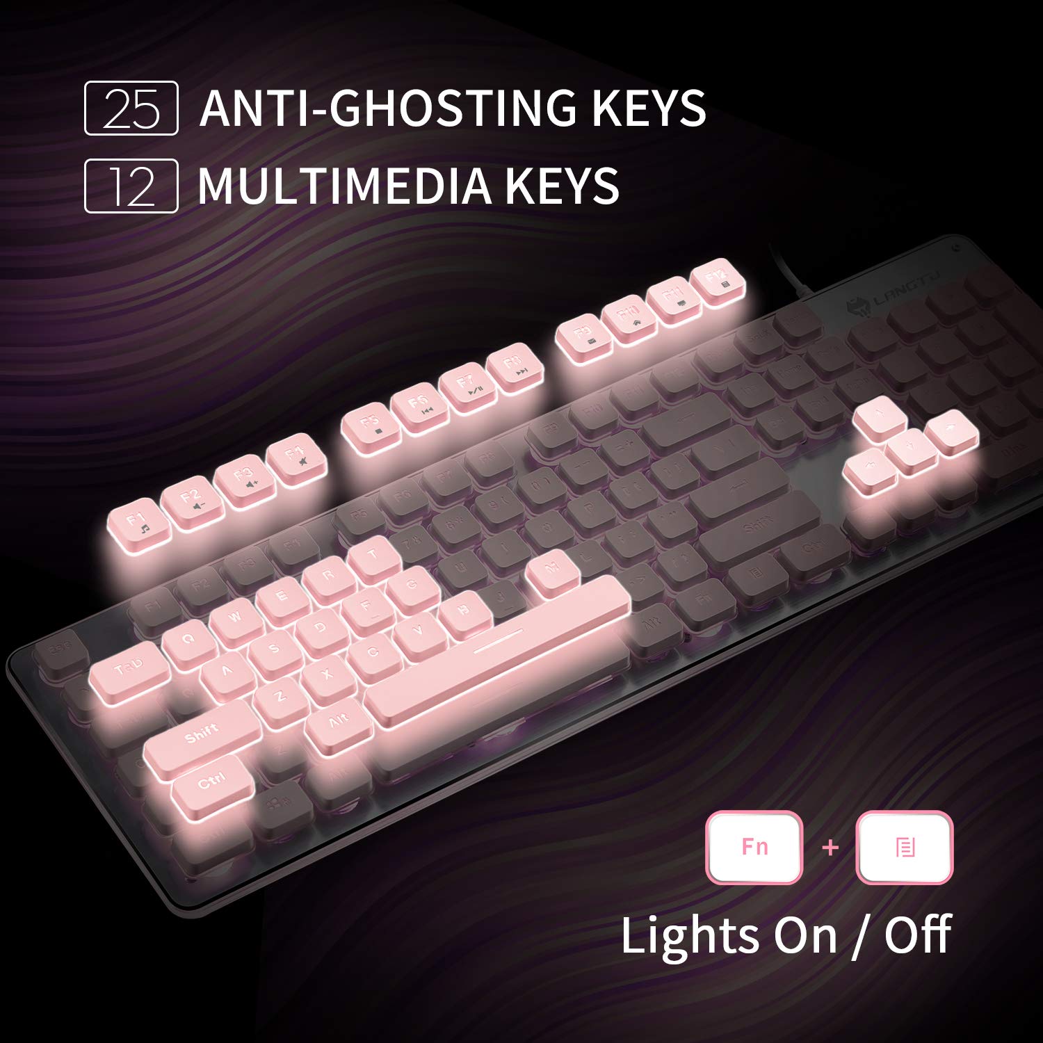 Langtu Computer Keyboard, Backlit Led Pink Keyboard For Office, All Metal Panel Usb Wired Membrane Keyboard, 25 Keys Anti Ghosti
