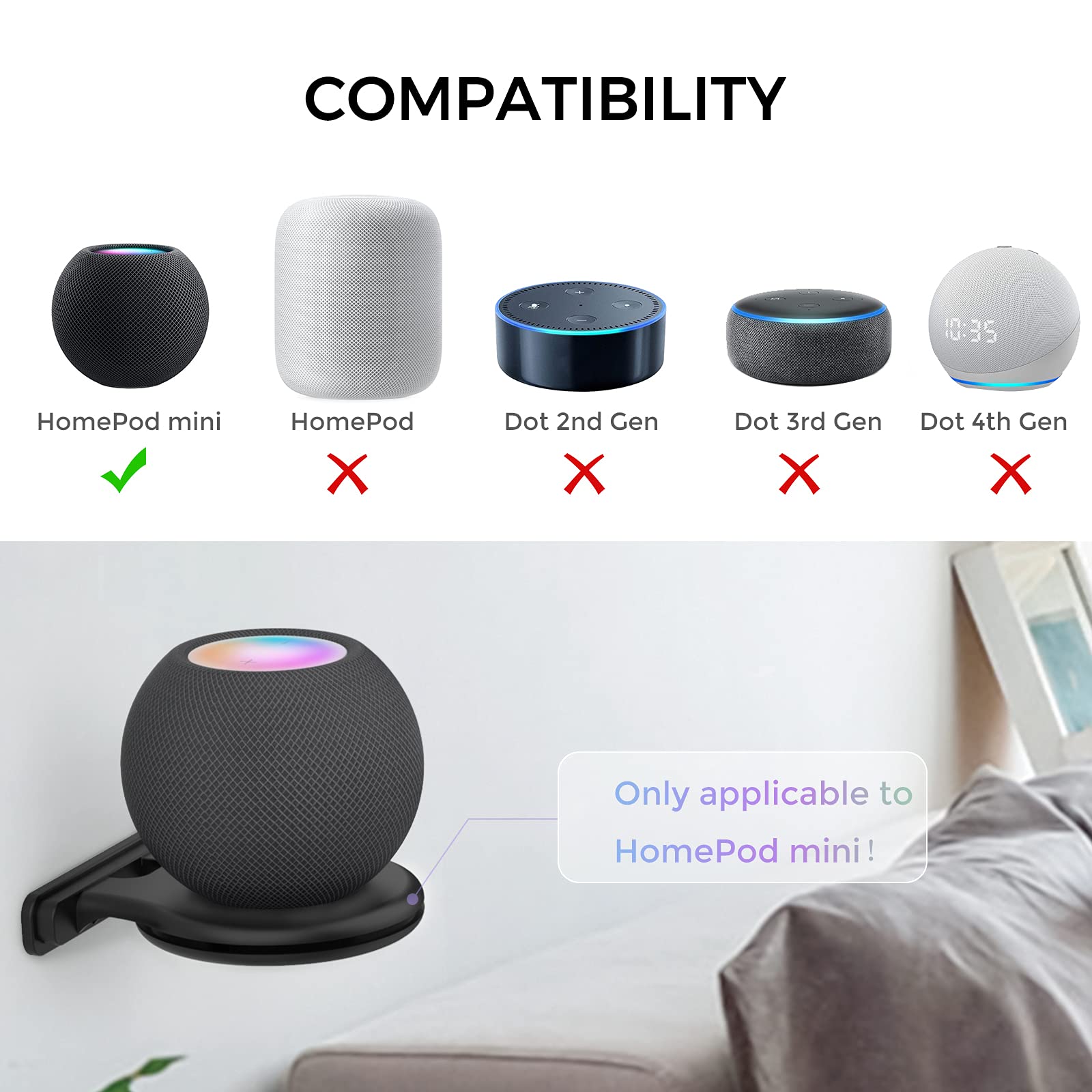 Ahastyle Homepod Mini Wall Mount Holder Abs Stand [Built In Cord Management] Stable Bracket Holder For Homepod Mini [Need To Dri