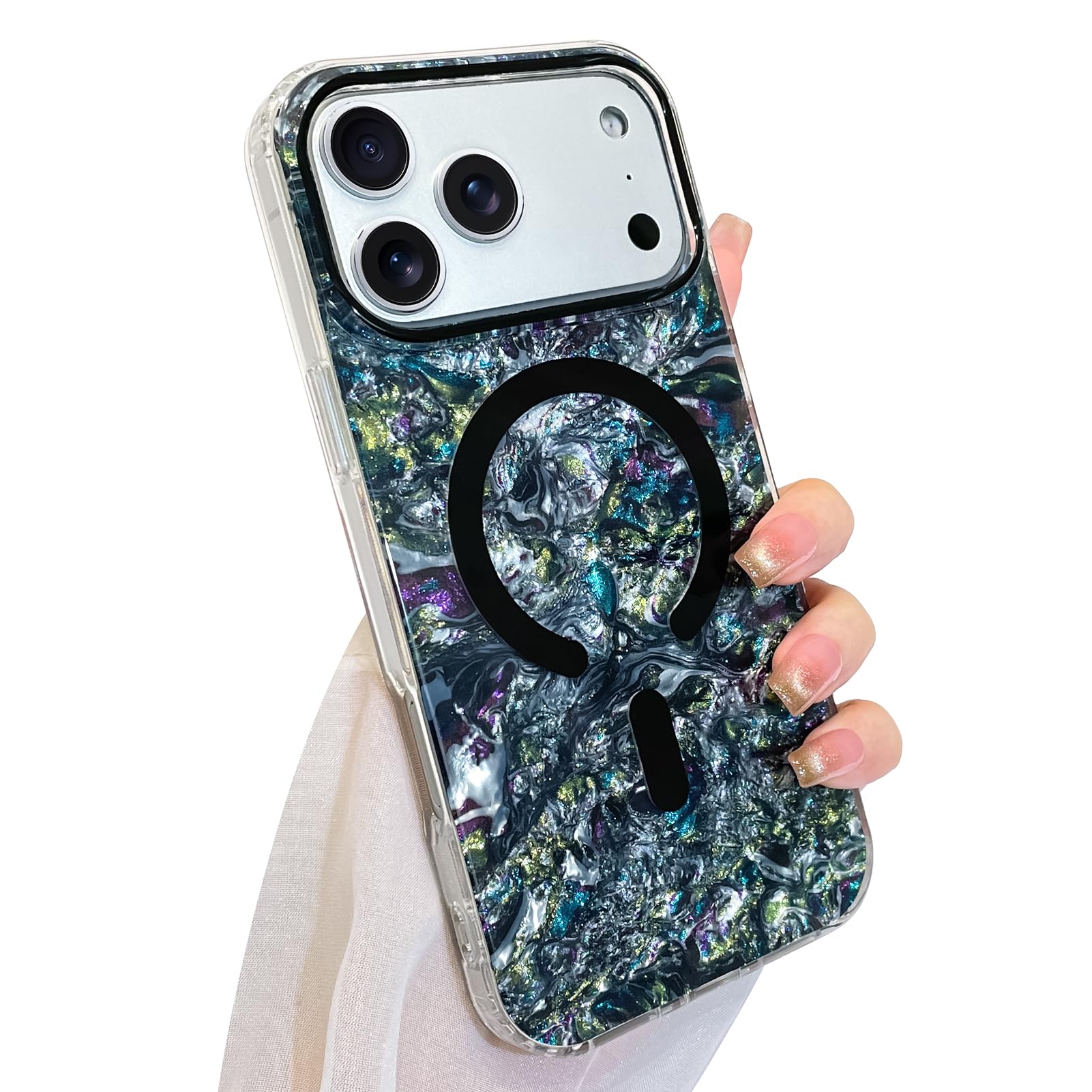 SAKUULO Magnetic Case for iPhone 17 Pro 6.3inch Compatible with Magsafe, Iridescent Mother of Pearl Trendy Sparkly Glossy Shockp