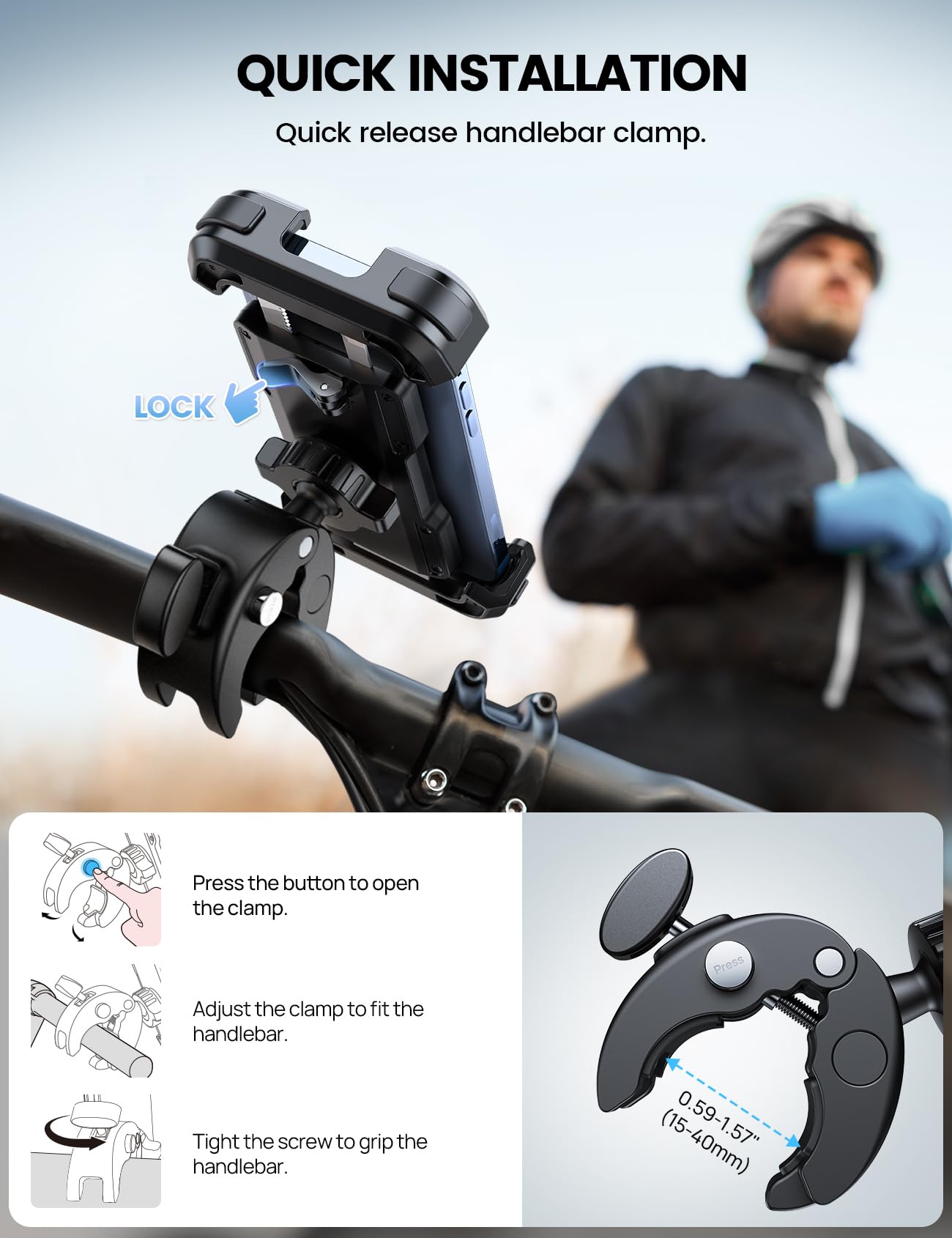 Lamicall Motorcycle Phone Mount, Bike Phone Holder - [Metal Lock] Upgrade Quick Install Handlebar Clip For Bicycle Scooter, Cell