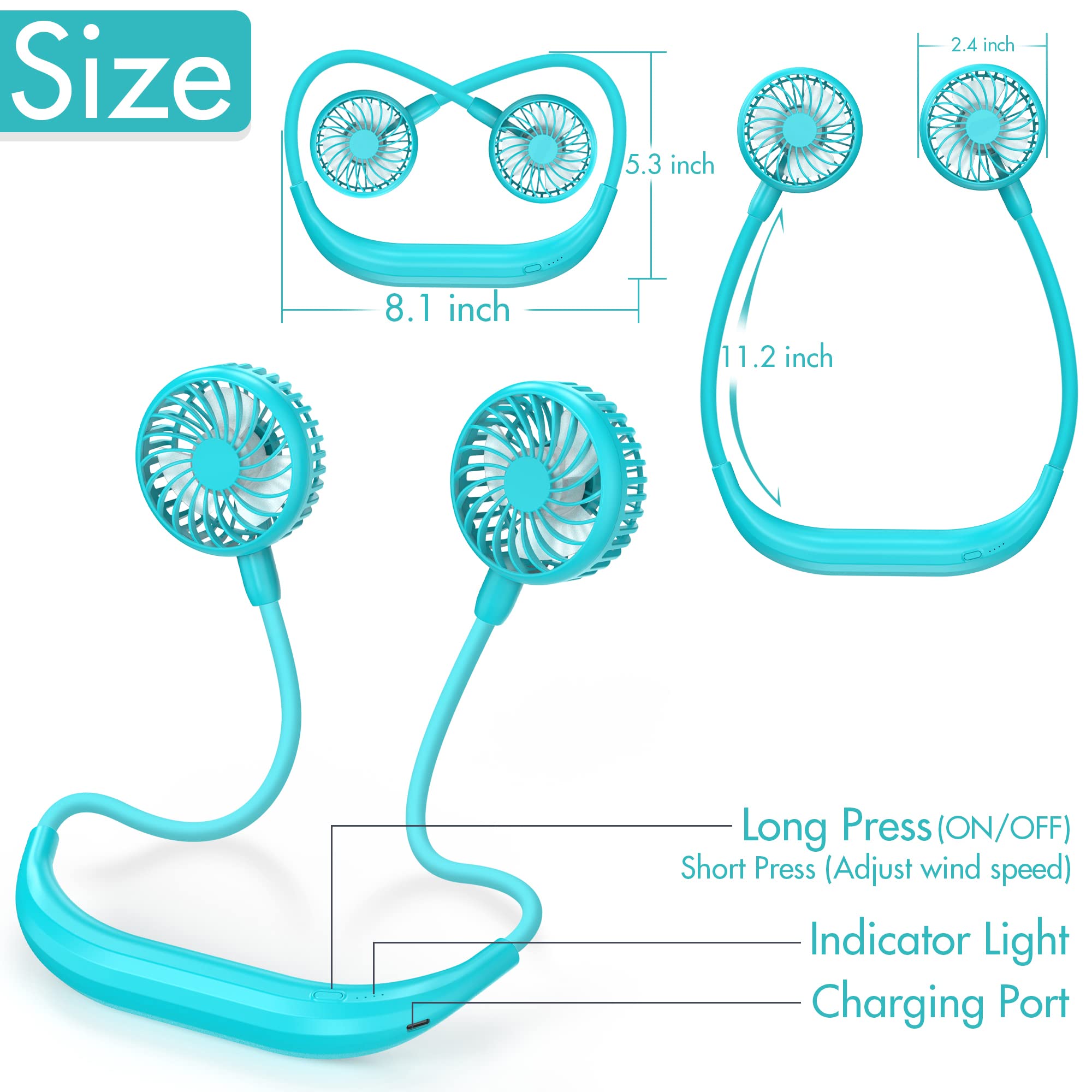 Portable Neck Fan, 2600Mah Battery Operated Sport Fan Ultra Quiet Hands Free Usb Fan With 3 Speeds, Strong Wind, 360 Adjustable