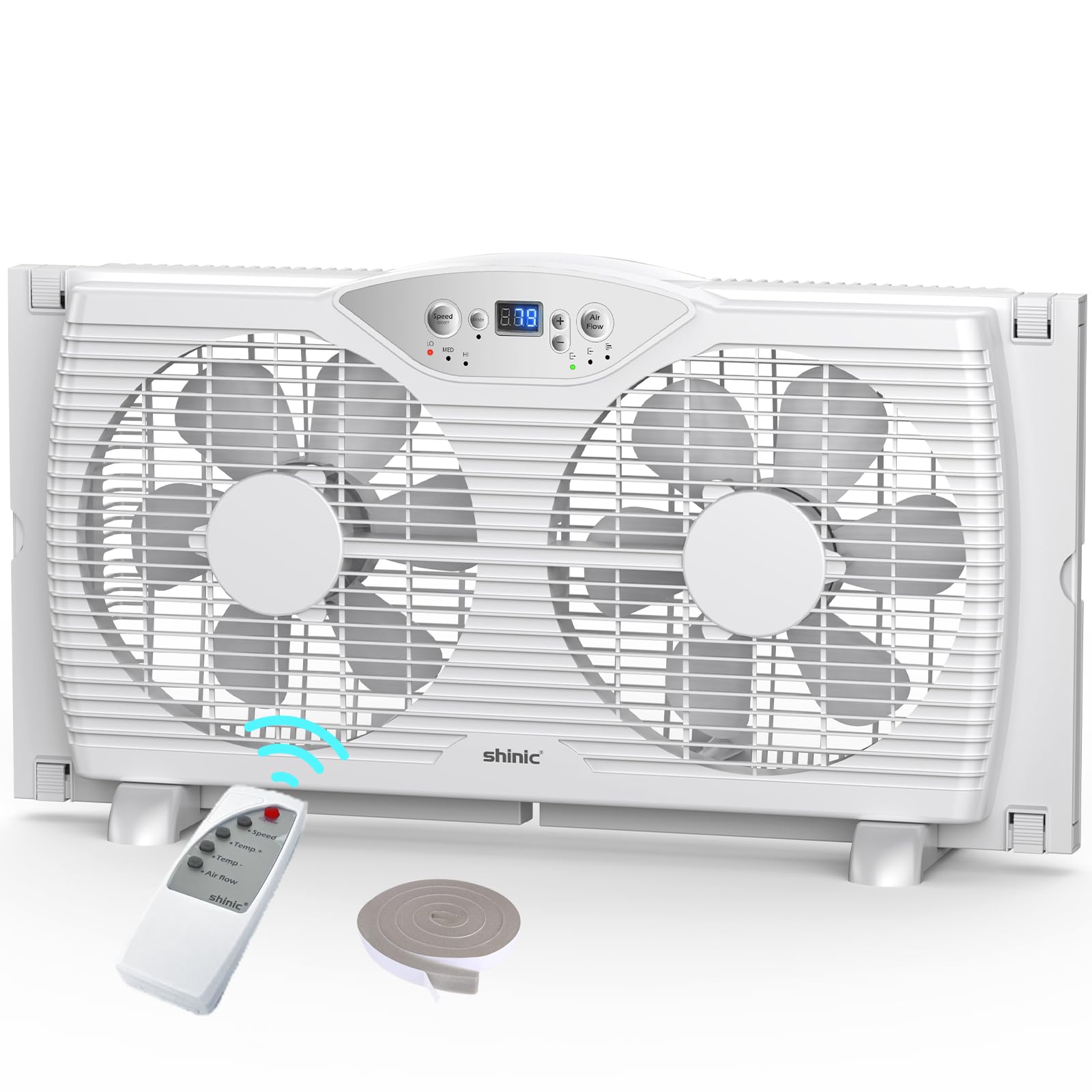 Shinic Twin Window Fan With Remote, 9 Inch Blades Reversible Airflow, Thermostat Control, 3 Speeds, 3 Functions, 23.8'' 37'' Exp