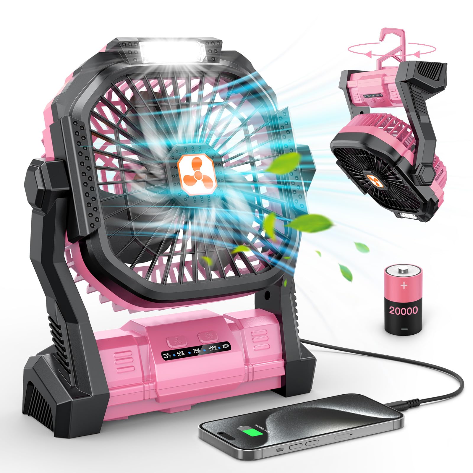 Portable Fan Rechargeable, 20000mAh Cordless Battery Powered Table Fan with LED Lantern, USB C Battery Operated for Camping Tent