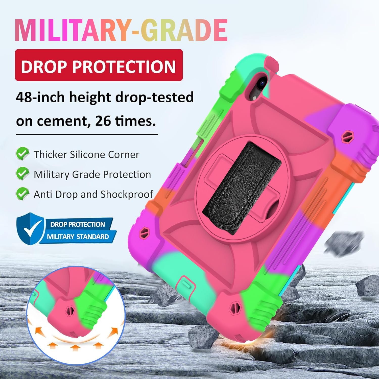 Bmouo Ipad Mini 7/6 Case   Full Body Protection With Rotating Hand Strap/Stand, Rose