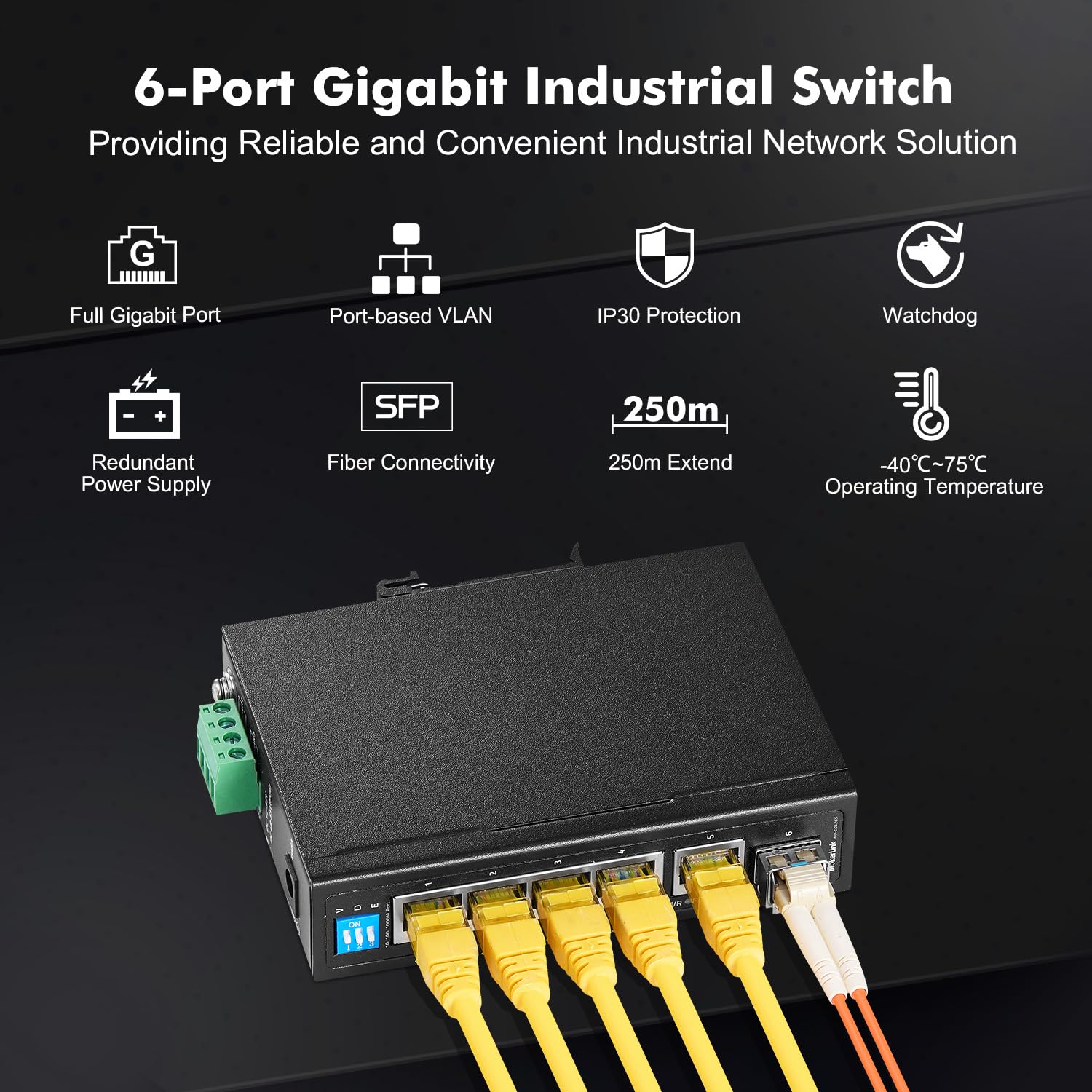 Mokerlink 6 Port Industrial Din Rail Gigabit Switch, 4 X 100/1000Mbps Ports And 1 Gigabit Uplink, 1 Gigabit Sfp, Metal Din Rail