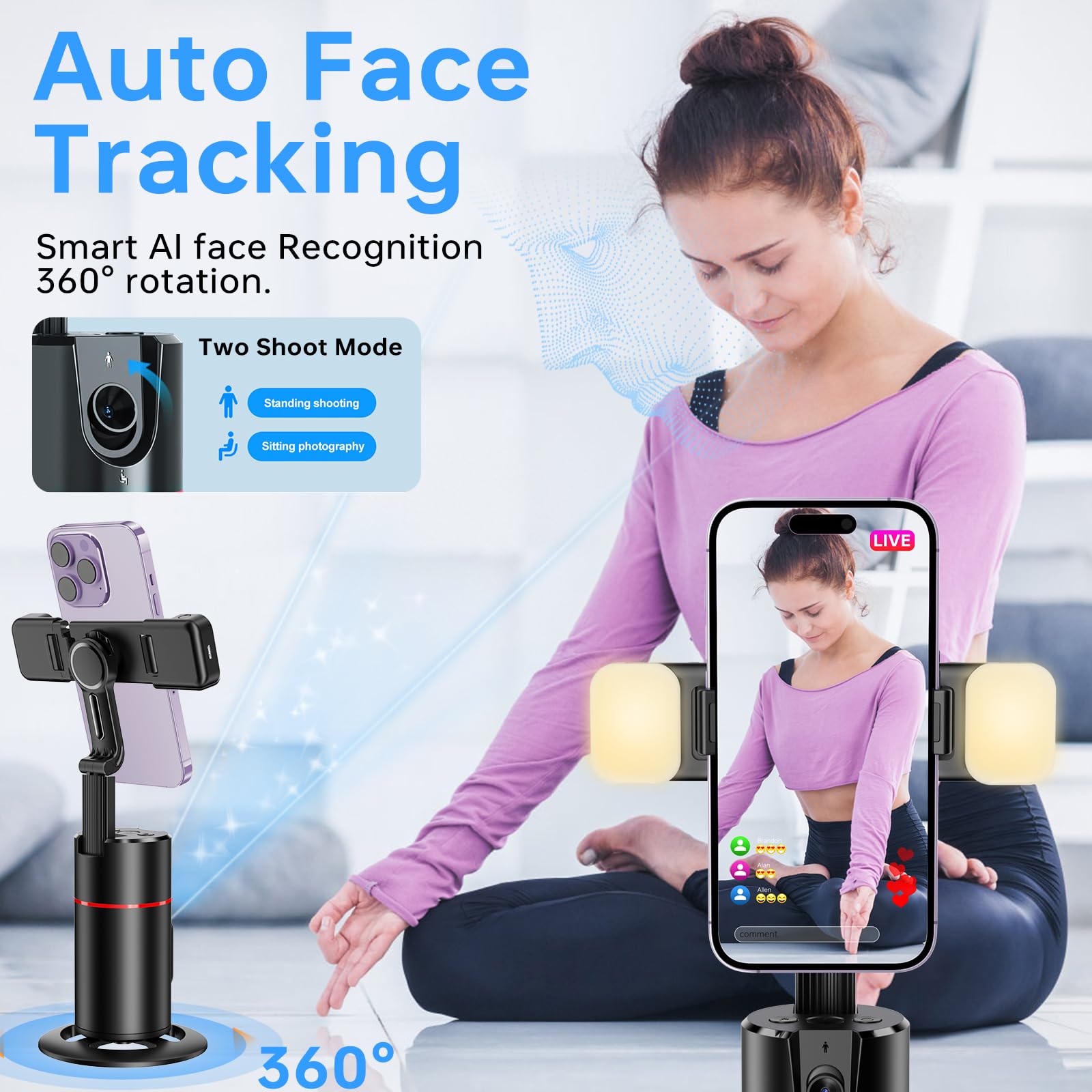 Auto Face Tracking Tripod 360 Rotation Phone Stand, No App, Face Body Phone Camera Stand With Remote And Gesture Control, Rechar