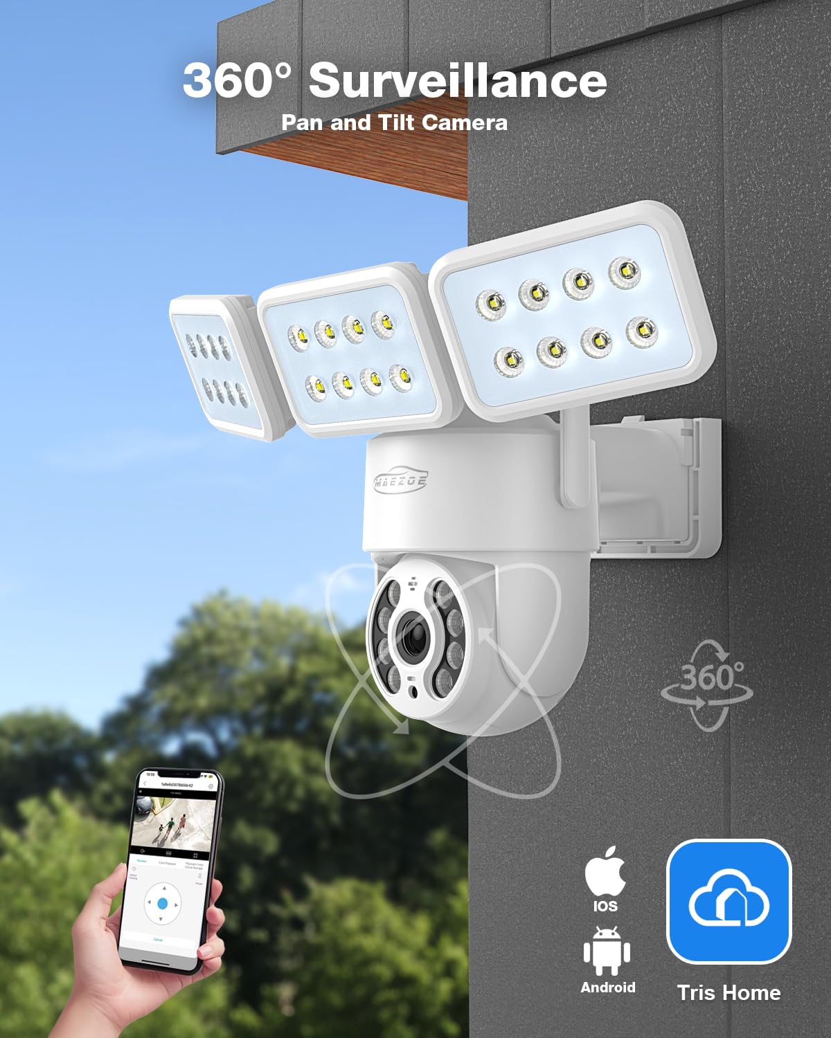 Maezoe Floodlight Camera Wired   Outdoor Smart Security Cameras, 360 Coverage, 3D Motion Detection, 2000 Lumens, 2 Way Audio, 2.