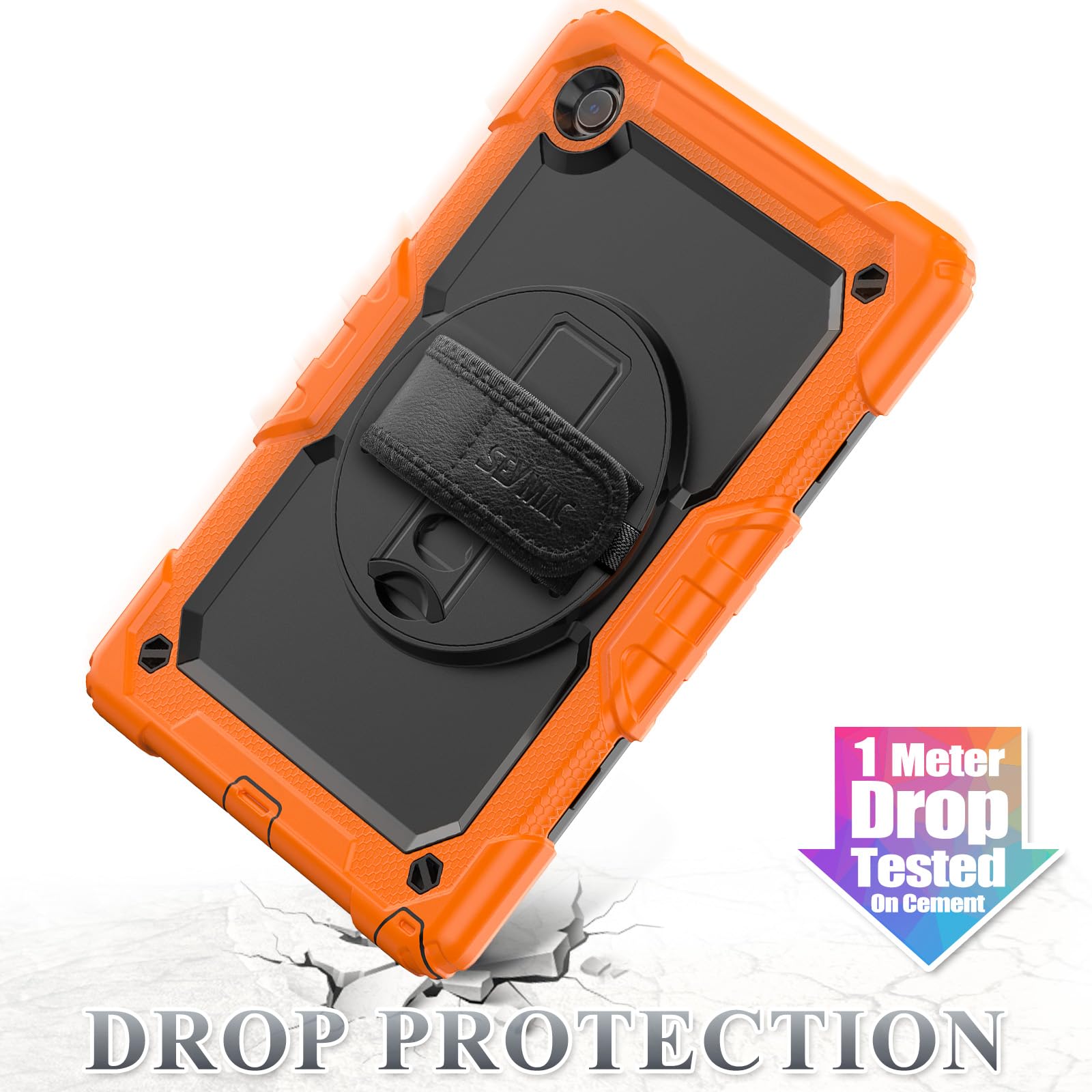 Seymac Stock 360 Hand Strap Shockproof Case For Samsung Galaxy Tab A9 Plus 11 Inch, Orange+Black