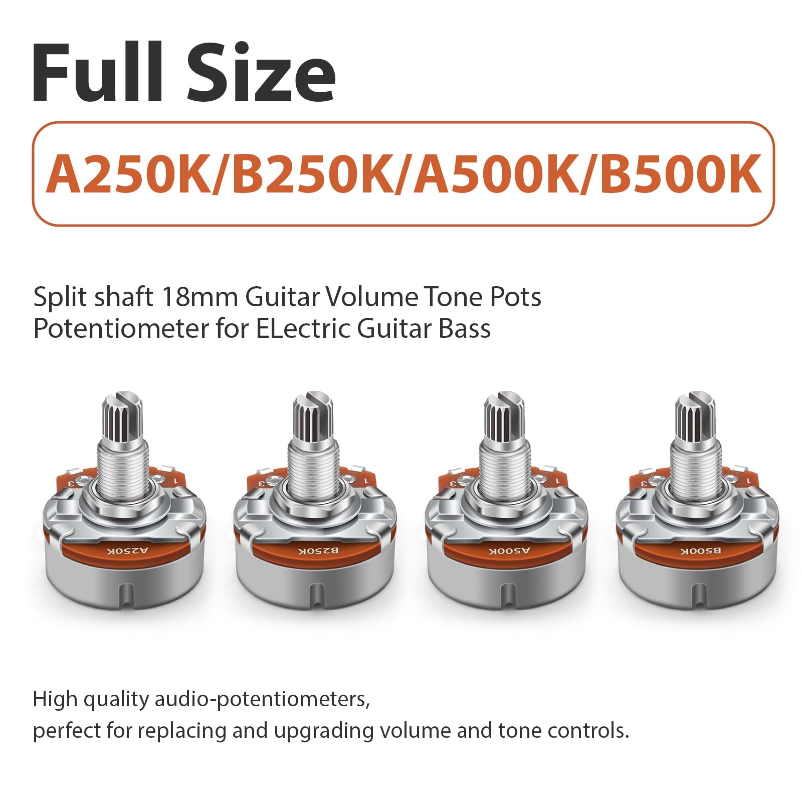 Saphue 4Pcs A250K+B250K+A500K+B500K Push Pull Potentiometer Brass Metric Coarse 18 Spline Split Shaft Pots Audio Taper Potentiom