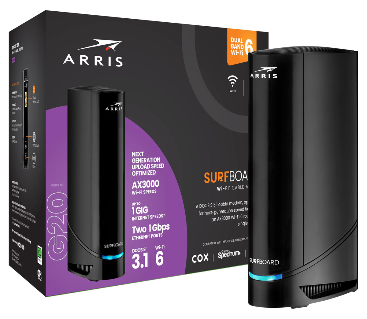 Arris (G20)   Cable Modem Router Combo   Fast Docsis 3.1 Multi Gigabit Wifi 6 (Ax3000), Approved For Comcast Xfinity, Cox, Spect