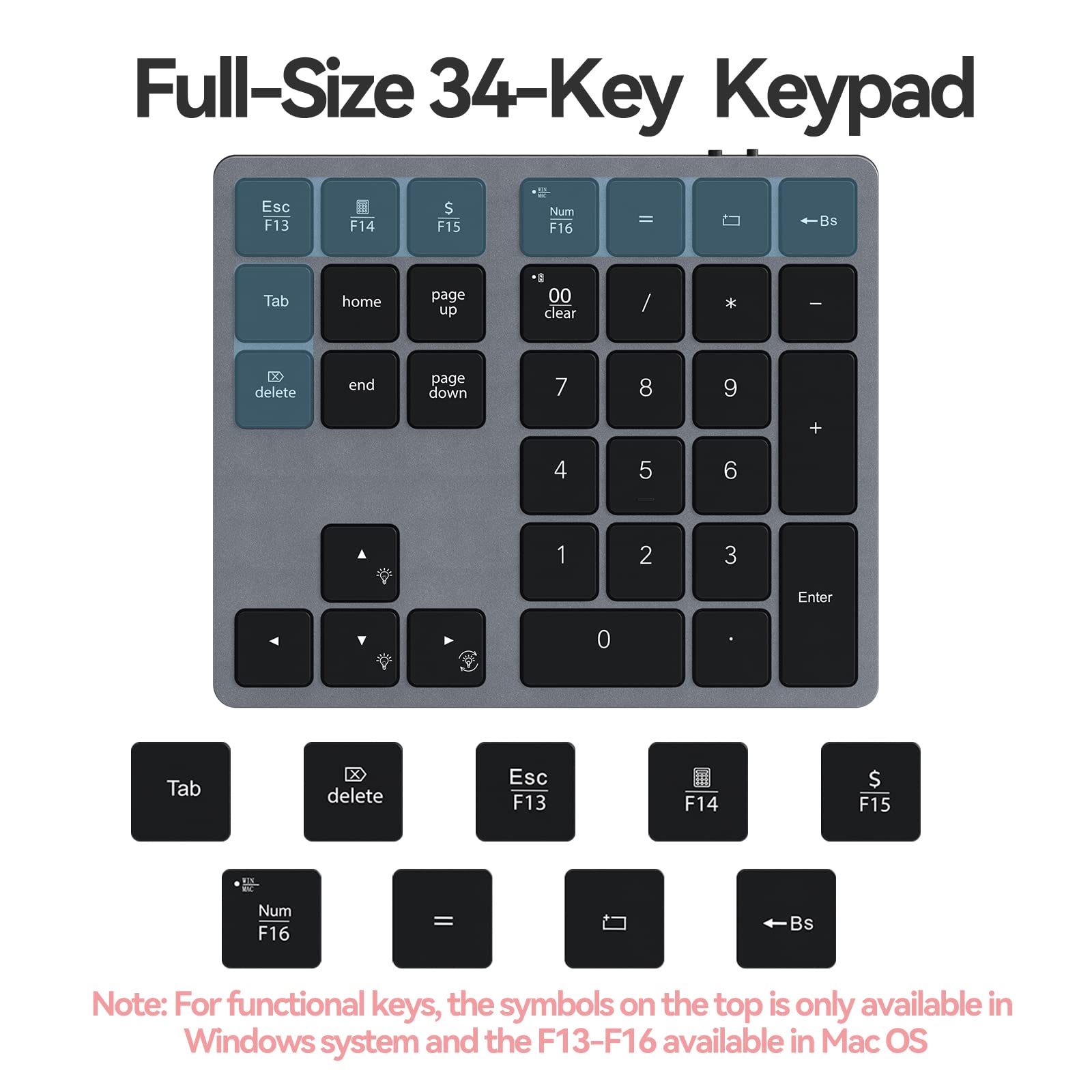 Doohoeek Backlit Bluetooth Numeric Keypad For Laptops And Computers, Number Pads 34 Keys With 7 Color Backlight For Macbook & Wi