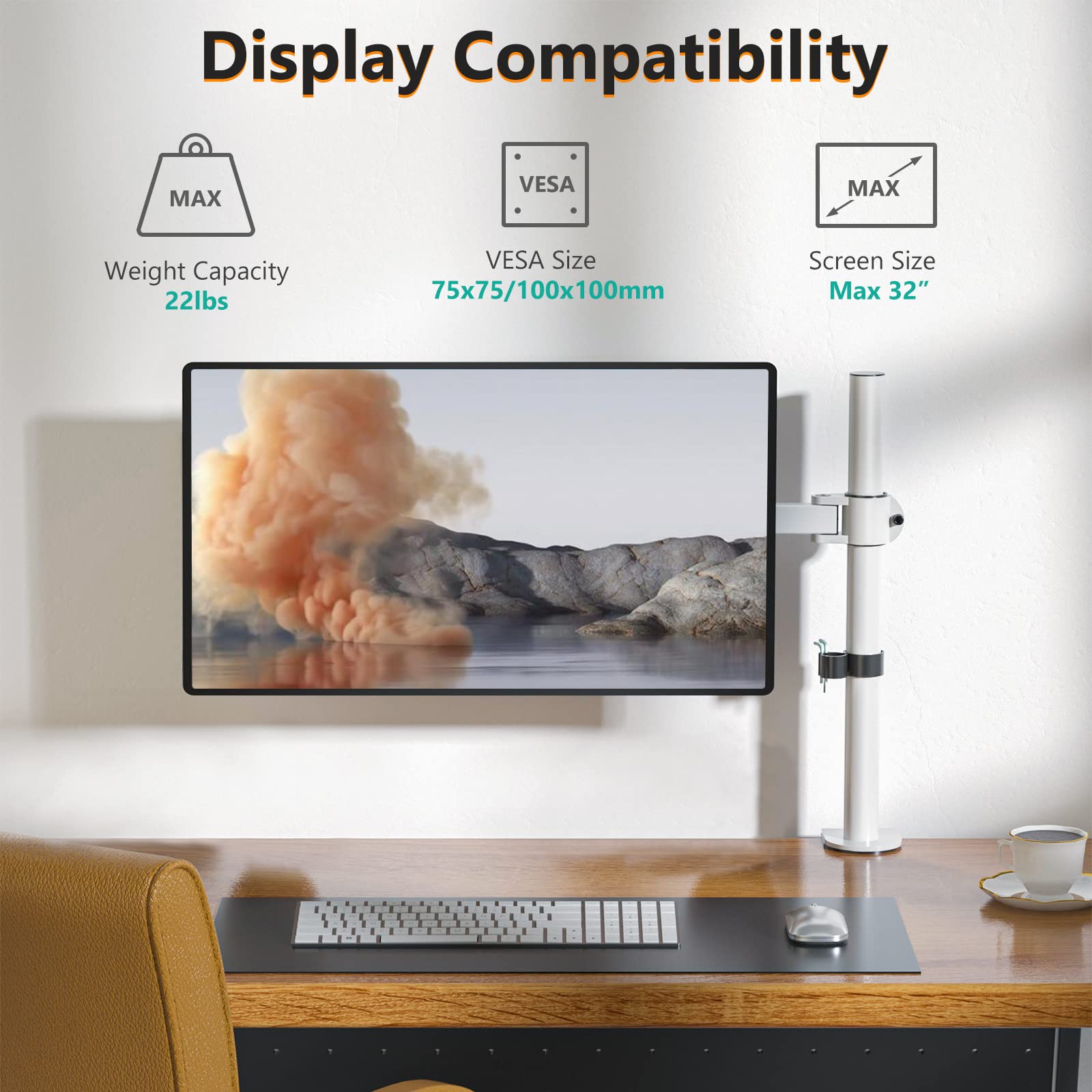 WALI Monitor Arm Mount for Desk, Single Computer Desk Mount, Monitor Bracket Mount Stand Single, up to 32 inch, 22 lbs (M001 W), White