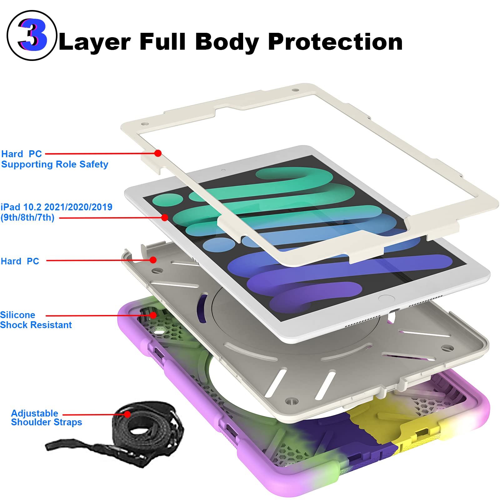 Andnary Ipad 9Th/ 8Th/ 7Th Generation Case 10.2 Inch With Pencil Holder [360 Rotating Handheld Stand], Full Body & Drop Proof Ca