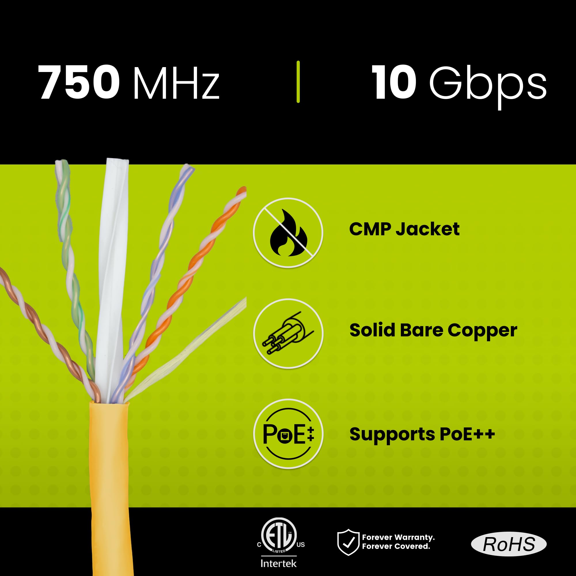 Truecable Cat6A Plenum (Cmp), 1000Ft, Yellow, 23Awg 4 Pair Solid Bare Copper, 750Mhz, Poe++ (4Ppoe), Etl Listed, Unshielded Twisted Pair (Utp), Bulk Ethernet Cable