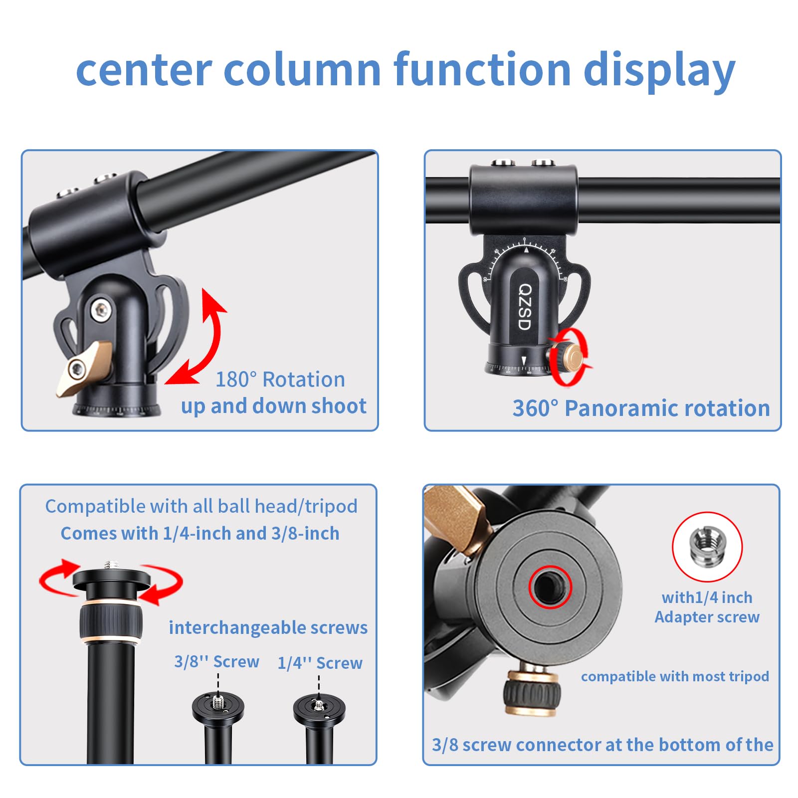 41'' Aluminum Tripod Extension Arm Retractable Horizontal Center Column Arm With 1/4'' And 3/8'' Scerws, 360 Rotatable For Overh