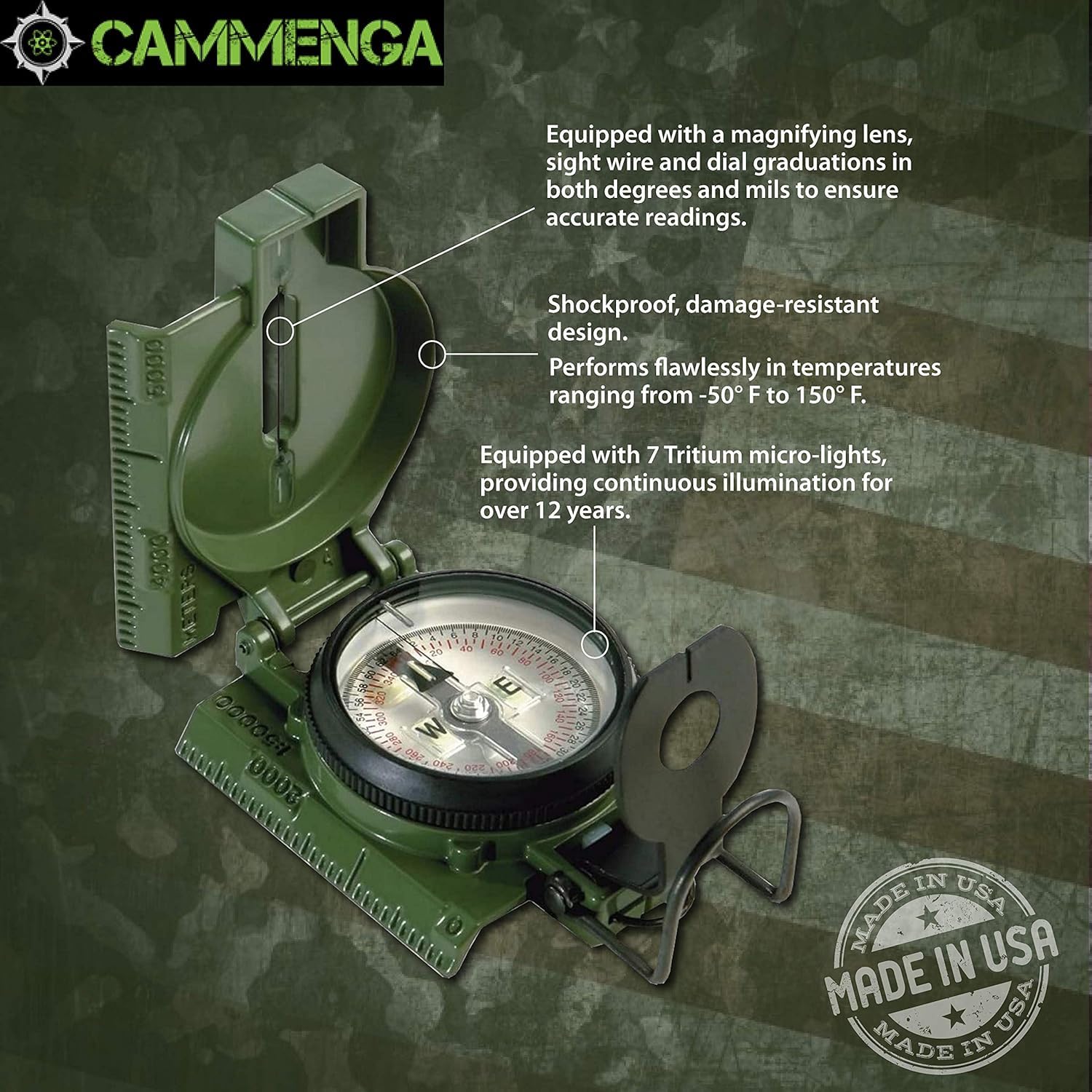 Cammenga Compass Military Grade Phosphorescent - Lensatic Compass Shock, Sand, And Waterproof, Tactical, Navigation - Made In Th