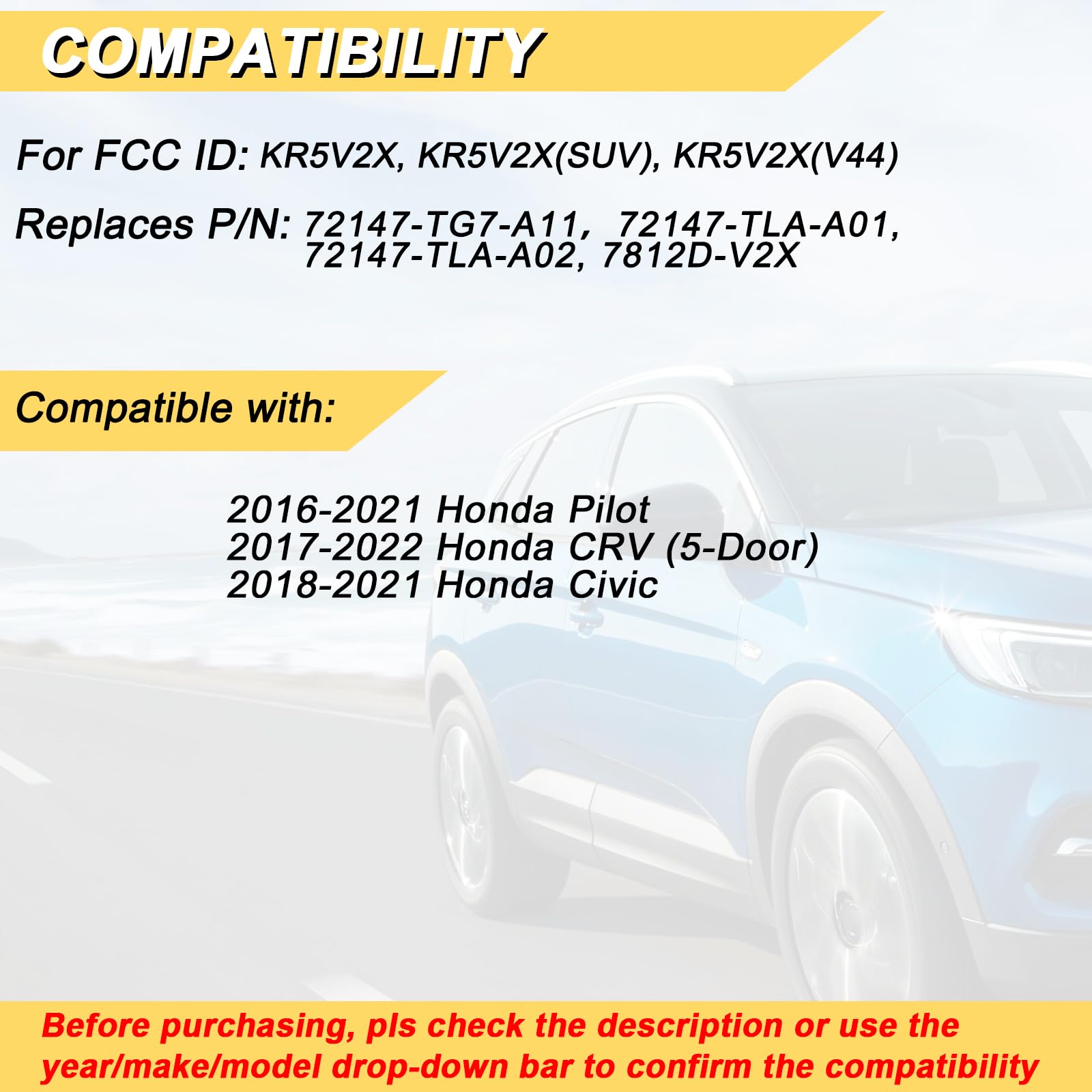 Vurkcy Key Fob Replacement For 2016-2021 Honda Pilot/ 2017-2022 Honda Crv 5-Door/ 18-21 Civic Car Keyless Entry Remote Control,