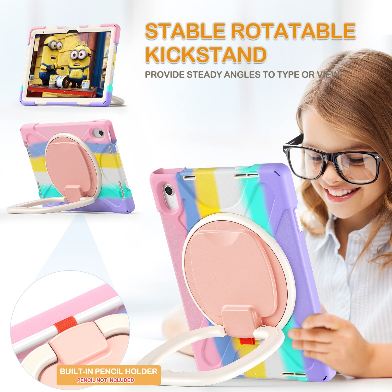 Braecn Kids Case For Ipad 10Th Generation 2022 10.9 A2696 A2757 A2777, Heavy Duty Rugged Silicone Case W/Swivel Ring Stand/Stabl