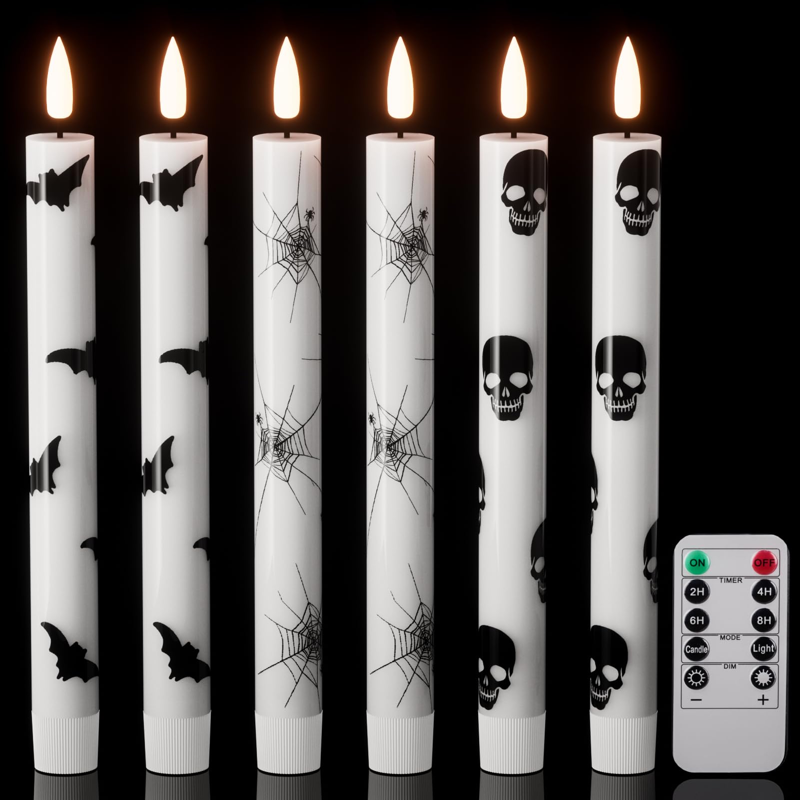 Wondise Halloween Flameless Taper Candles With Remote & Timer, Battery Operated Candles With Spider Web, Bats, Skull, Real Wax 3
