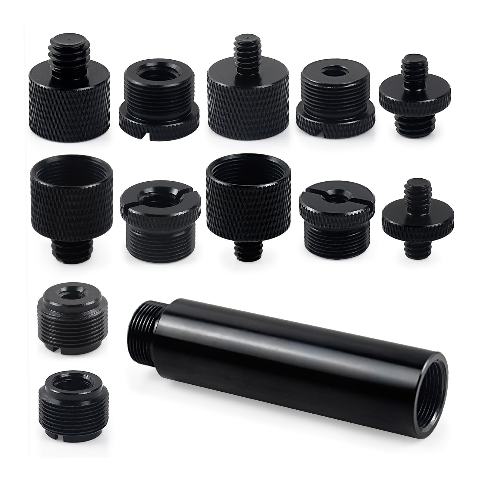 13 Pack Microphone Stand Adapter Screws with Extension Tube,Black Aluminum Alloy,3/8 to 5/8 and 1/4 Threaded Screw Mount for Mic
