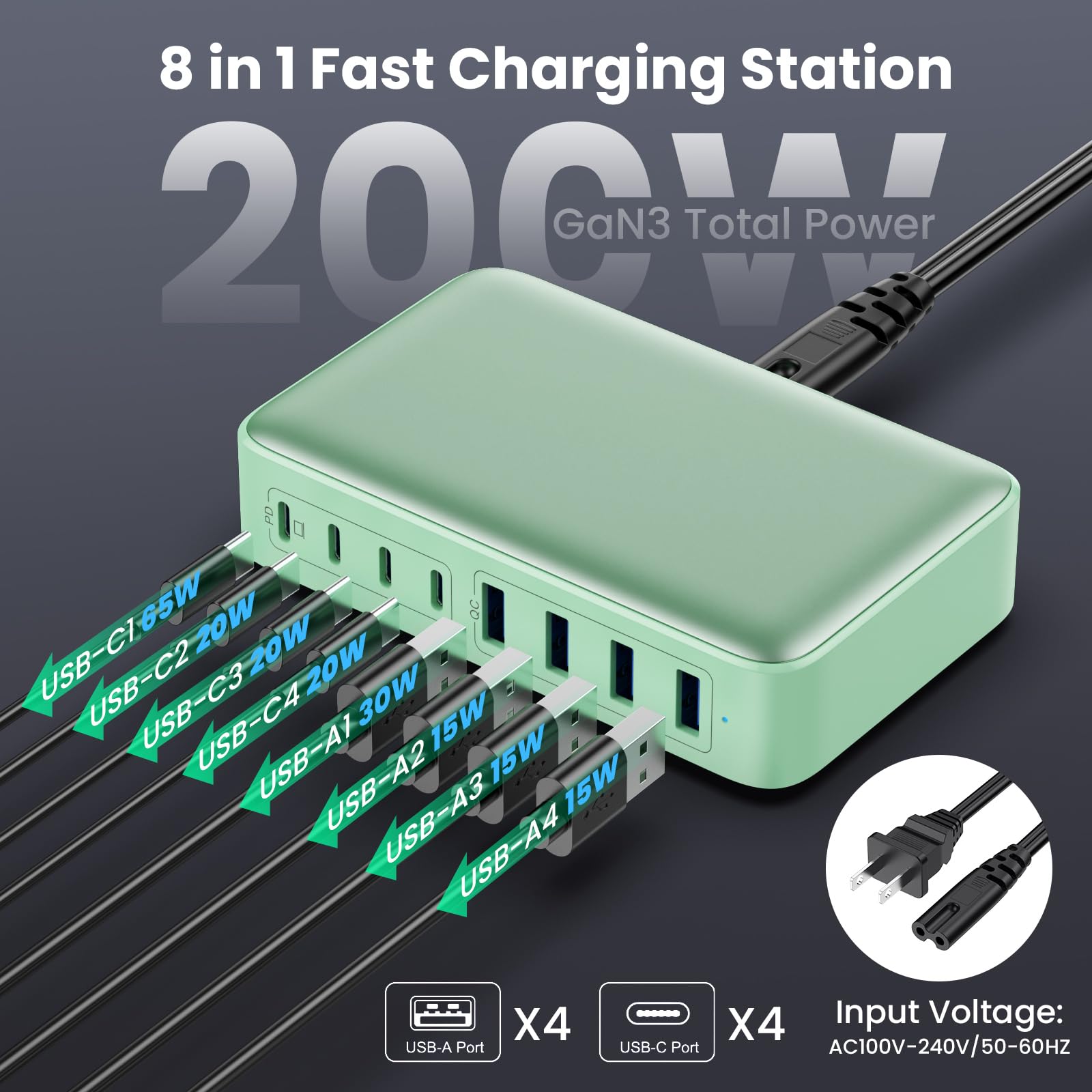 Usb C Charger 200W Usb C Charger Block Gan Iii 8 Port Fast Charging Station Pd 65W Laptop Charger Adapter Compatible With Macboo