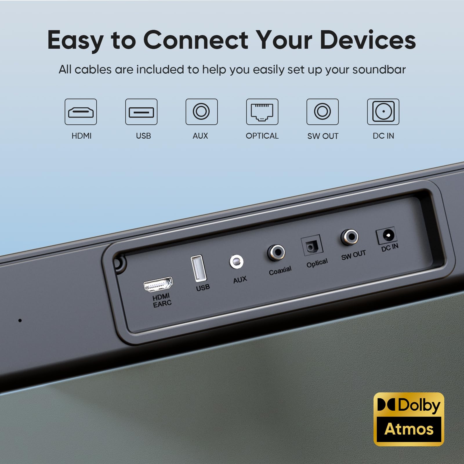 Geoyeao Sound Bar With Subwoofer, 200W 2.1 Ch Soundbar W/Dolby Atmos Surround Sound System, 3D Bass Adjustable Home Theater Blue