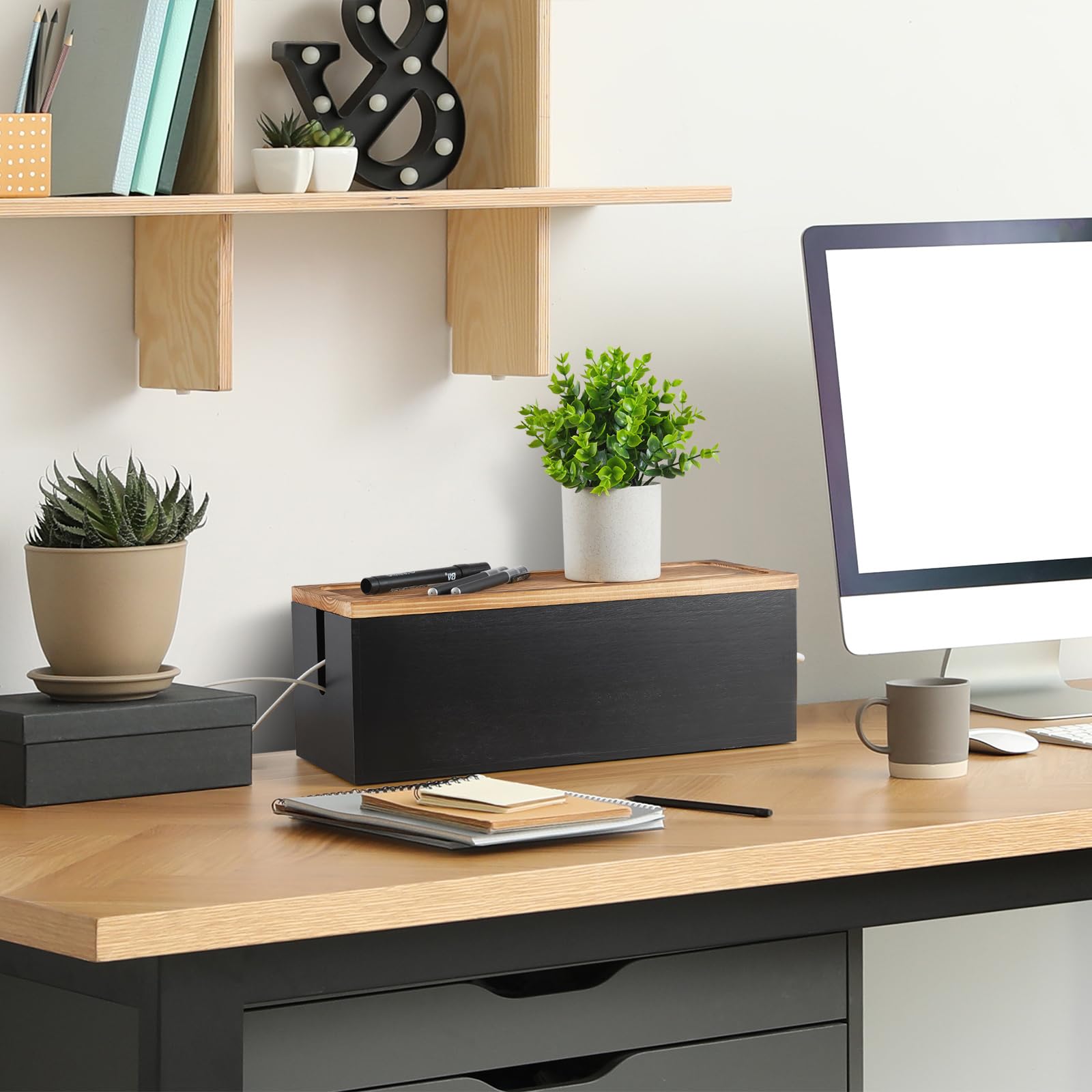 Bivvclaz Large Cable Management Box, Wooden Cord Organizer Box For Under Desk Tv Computer Router Usb Hub To Cover And Hide Exten
